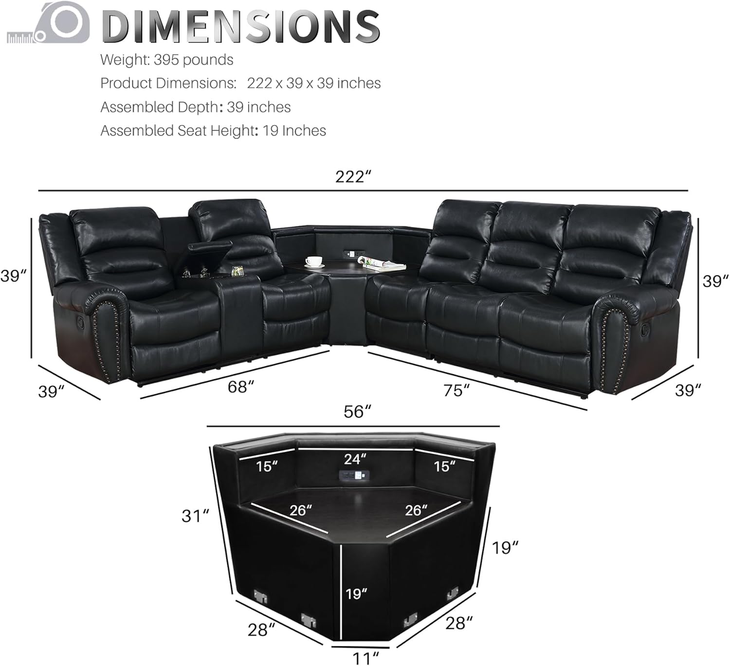 Nathaniel Home Cuero reclinable seccional, negro