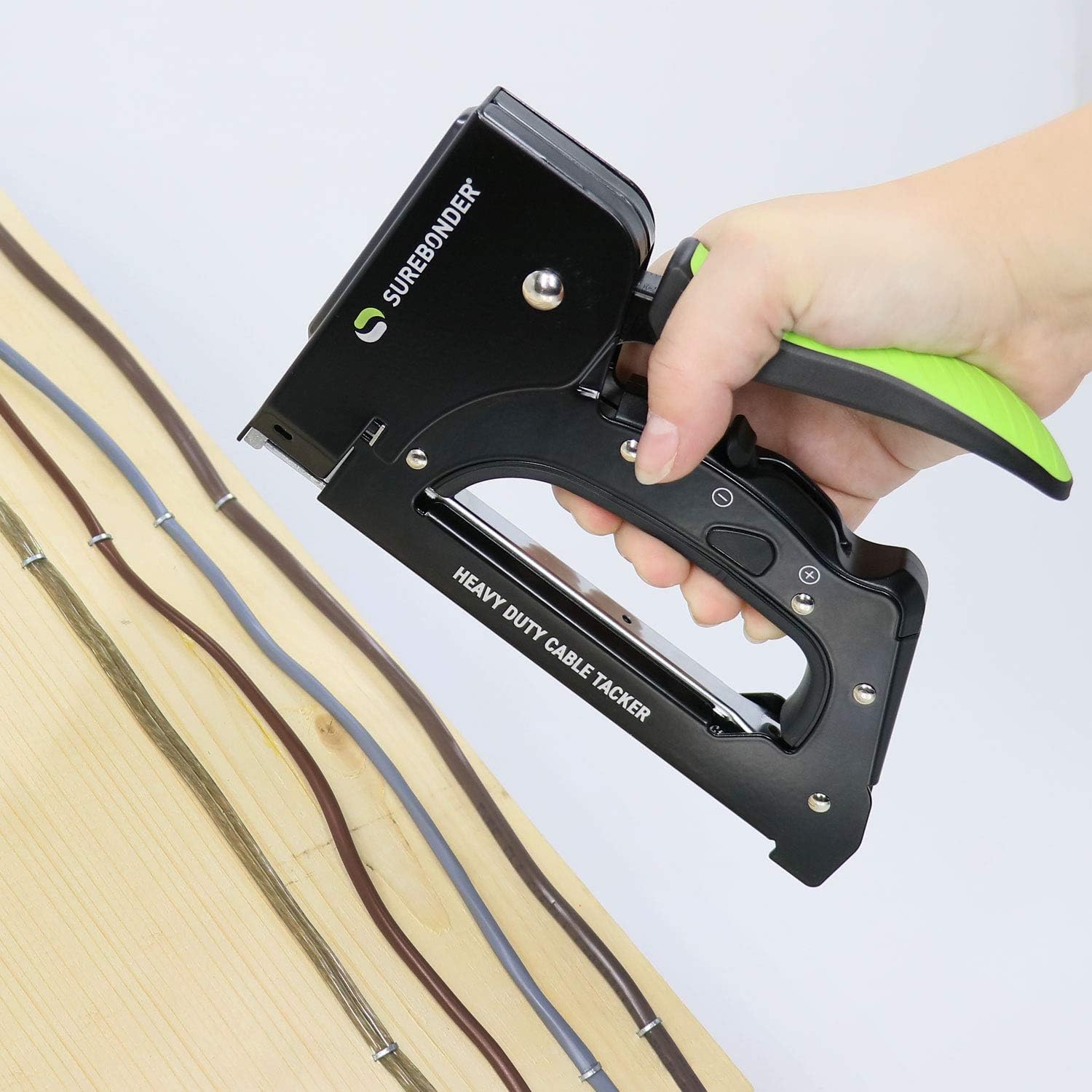 Surebonder 5725 – Pistola de grapas de cable resistente para cable y cable de bajo voltaje, CAT5, CAT6, luces de Navidad, cable de timbre, cable de