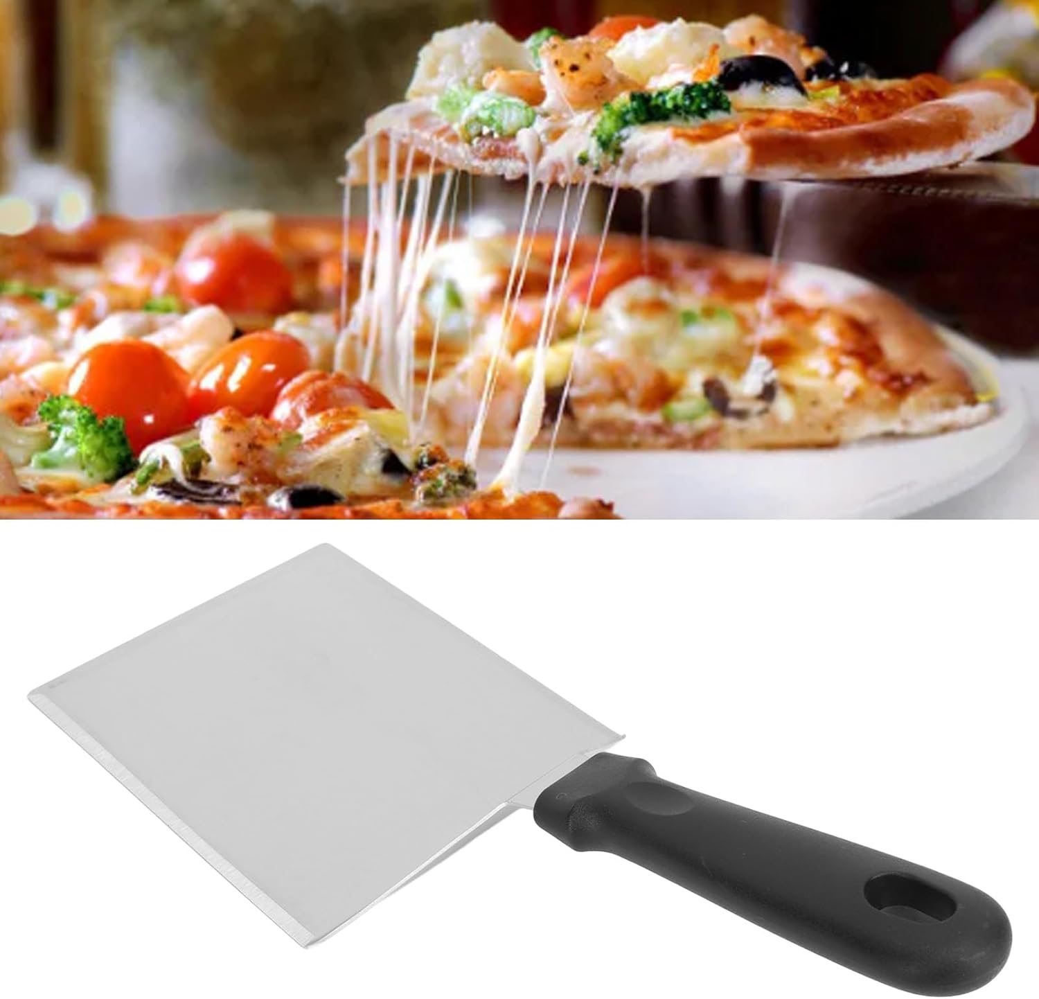 Espátula de pizza de acero inoxidable, espátula de cocina para pasteles, pizza, panqueques, salteado, cocina (espátula cuadrada, mango de plástico)
