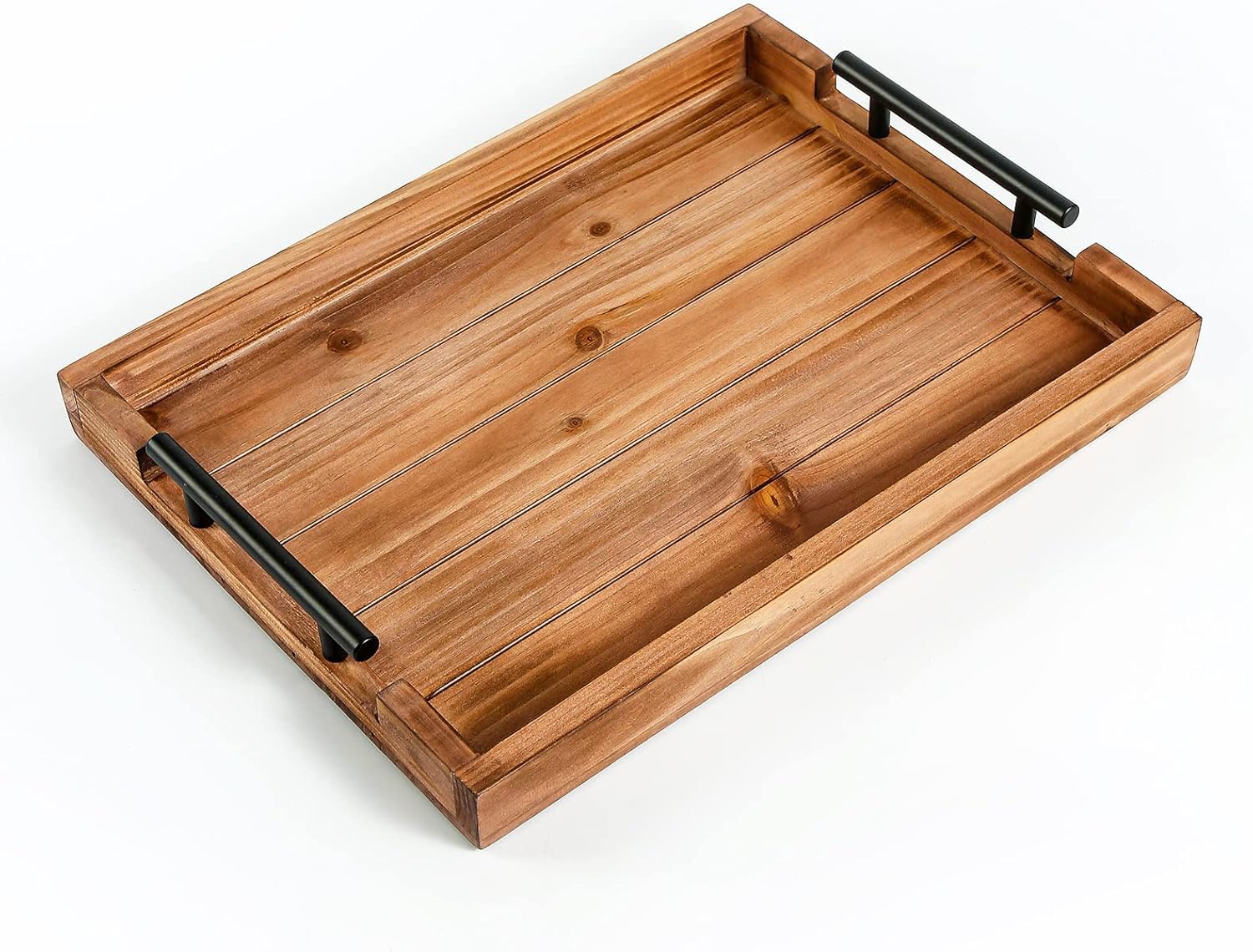 Juego de 2 bandejas decorativas de madera vintage anidadas con mango de metal para comer, desayuno, cocina, bandejas otomanas, mesa de centro y