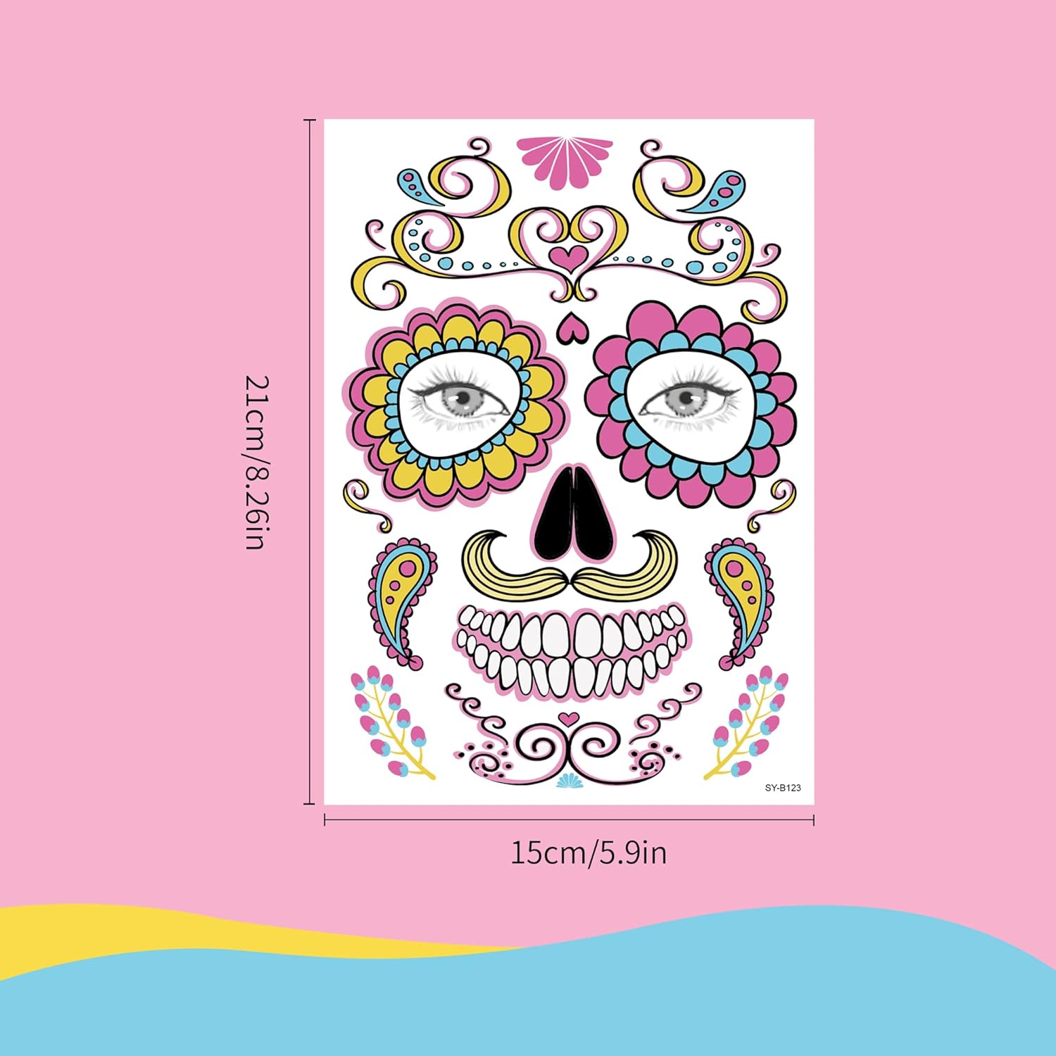 18 hojas de tatuajes temporales del día de los muertos, calavera de azúcar para adultos, esqueleto falso, rosas rojas, tatuajes de Halloween,