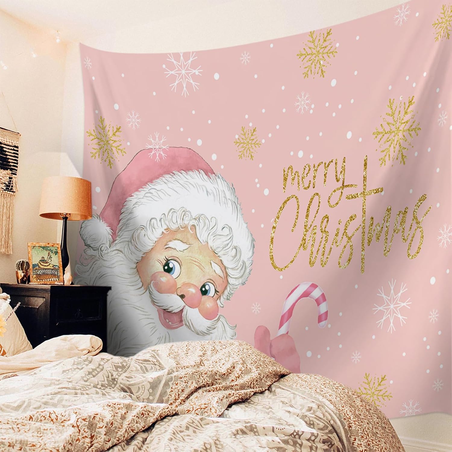 Tapiz de Feliz Navidad para dormitorio, tapiz de Papá Noel rosa, tapiz para colgar en la pared, tapiz de copo de nieve dorado, tapiz de pared para