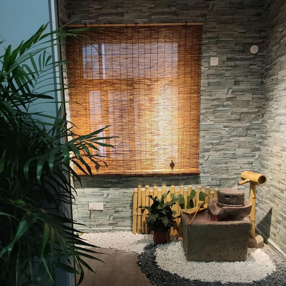 Persianas enrollables de bambú con filtro de luz para ventanas, persianas de ratán sin cordones, persianas retro para interiores y exteriores,