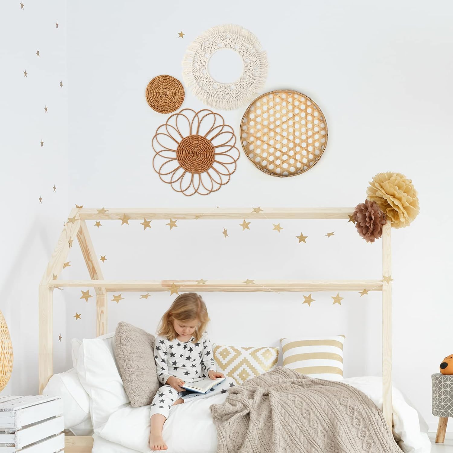 Juego de 8 cestas de pared bohemias para decoración de pared, cesta tejida plana, juego de decoración de pared de ratán, cesta redonda de bambú para