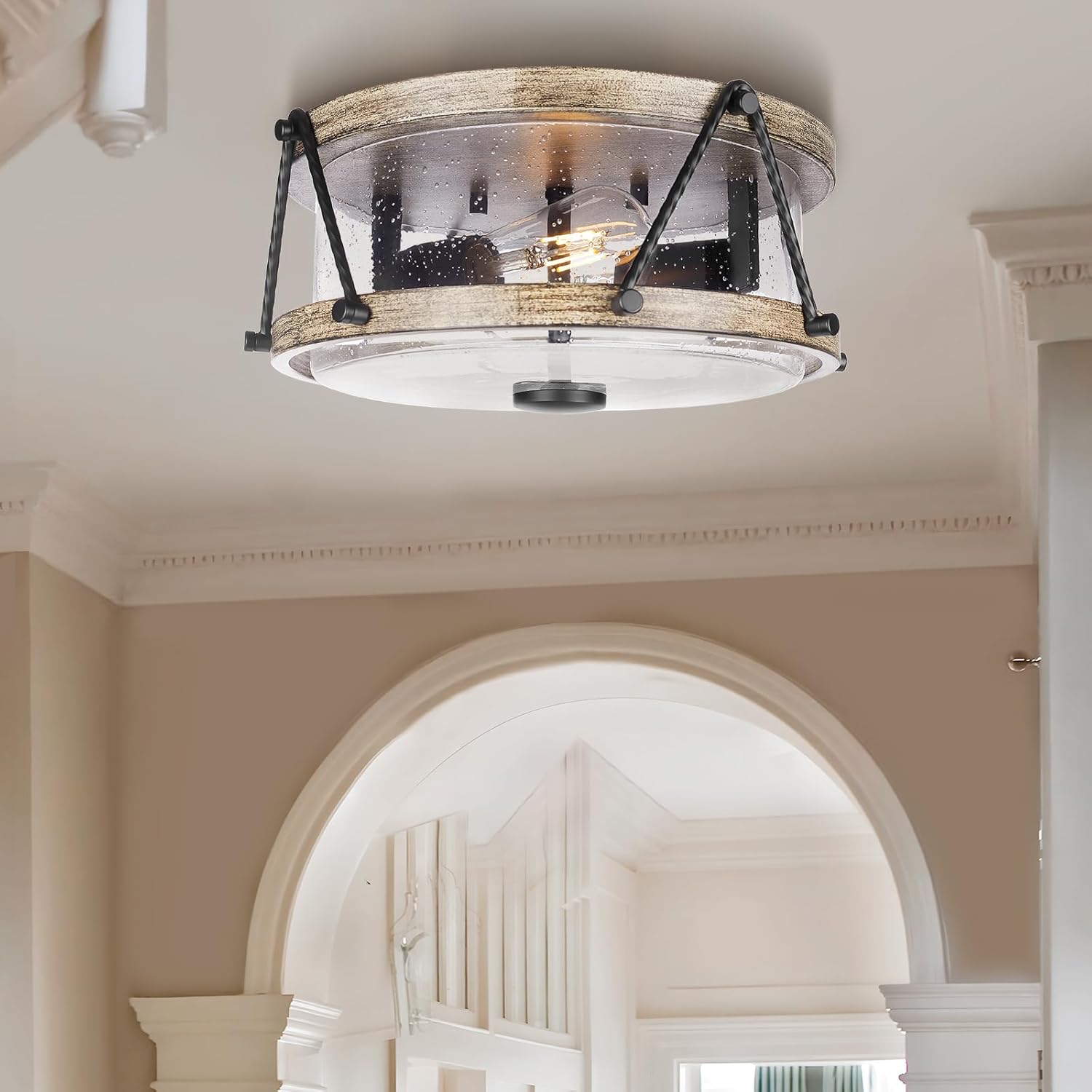 Lámpara de techo de montaje empotrado, lámpara de techo marrón de granja con pantalla de vidrio semillado, accesorios de iluminación multiusos de 12