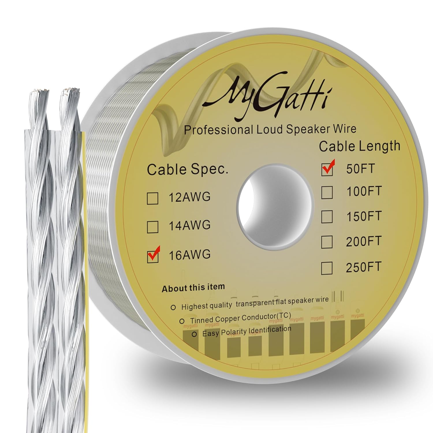 Carrete de cable plano de altavoz 162 de 50 pies, clasificación UL CL3, calibre 16 AWG, cobre OFC estañado, chaqueta transparente con marcador de