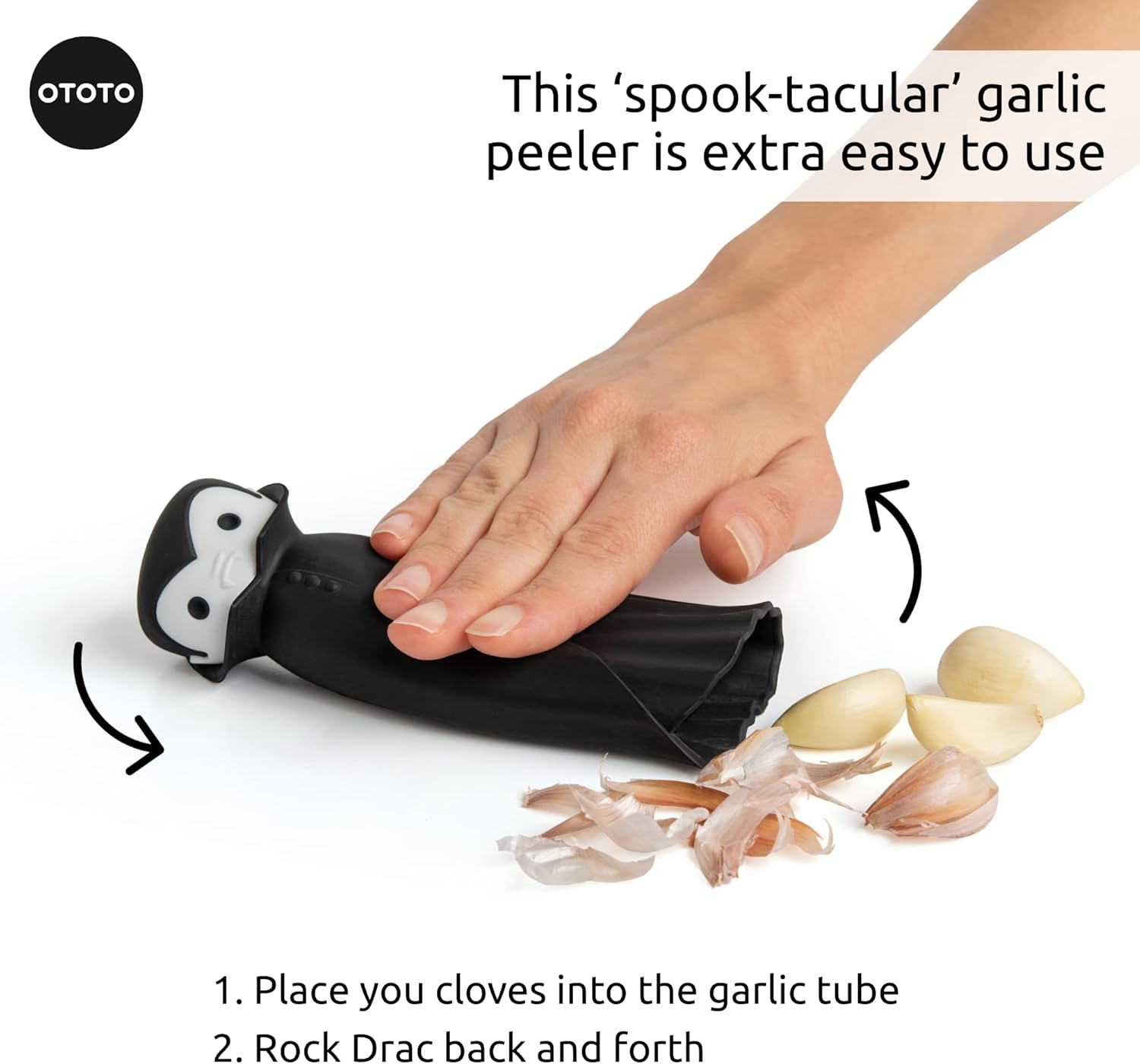 OTOTO Drac N’ Roll Vampire – Rodillo de ajo, tubo pelador de ajo de silicona, rodillo de tubo de silicona para Halloween, accesorio de cocina para