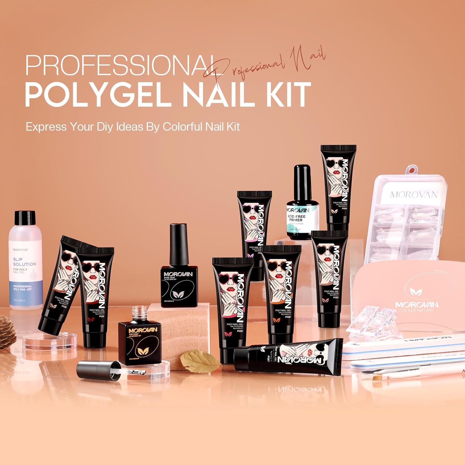 Morovan Kit de iniciación de uñas de poligel 8 colores con purpurina kit de gel de uñas con lámpara UV para principiantes, kit de extensión de gel