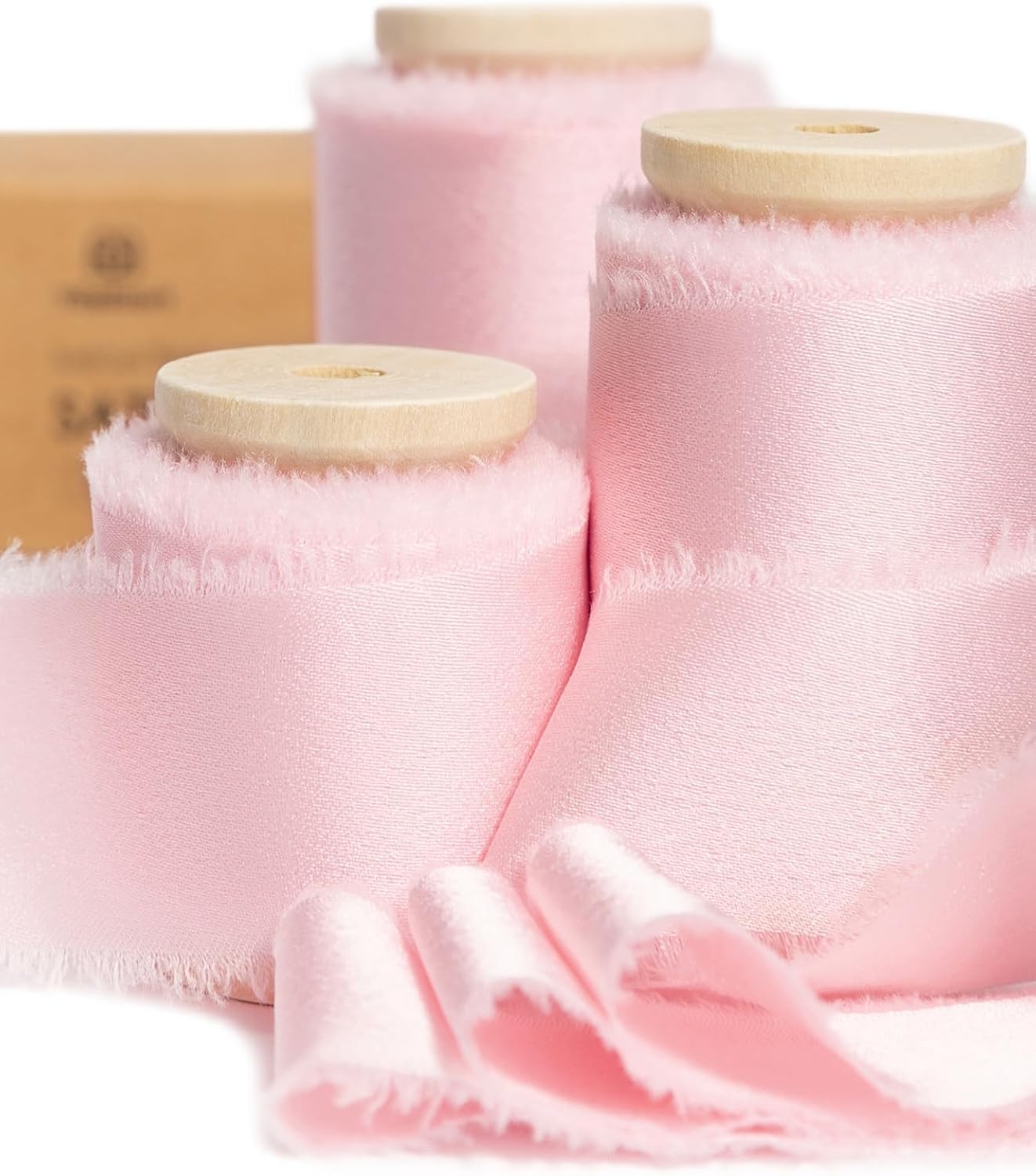 Vitalizart Cinta de satén de seda rosa de 1 pulgada x 15 yardas, carrete de madera hecha a mano para envolver regalos, baby shower, boda, ramos de