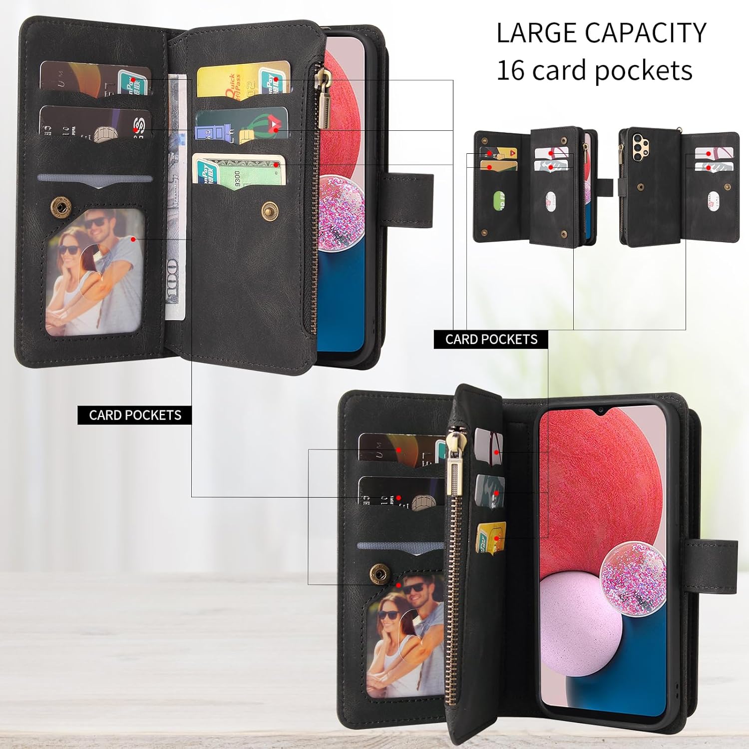 Asuwish Funda de teléfono para Samsung Galaxy A13 4G Funda tipo cartera con protector de pantalla de vidrio templado y correa de muñeca de cuero con