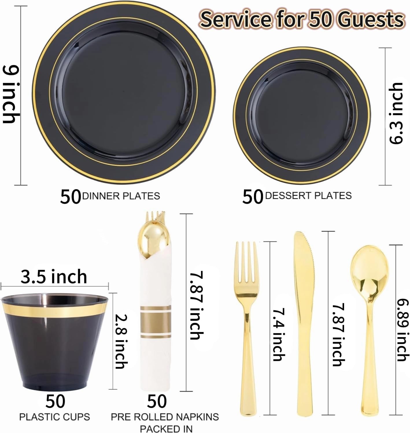 350 platos de plástico negro y dorado con cubiertos desechables, incluye 50 platos llanos de 9 pulgadas, 50 platos de postre de 6.3 pulgadas, 50
