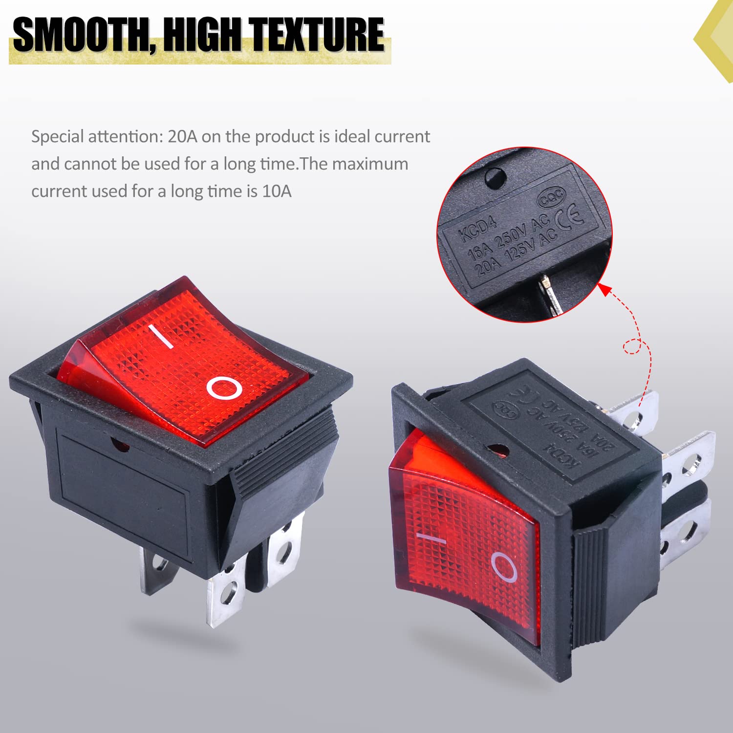 Twidec Interruptor basculante AC 10A125V 6A250V DPST 4 pines 2 posiciones ONOFF luz LED roja iluminada barco KCD4 interruptor basculante palanca
