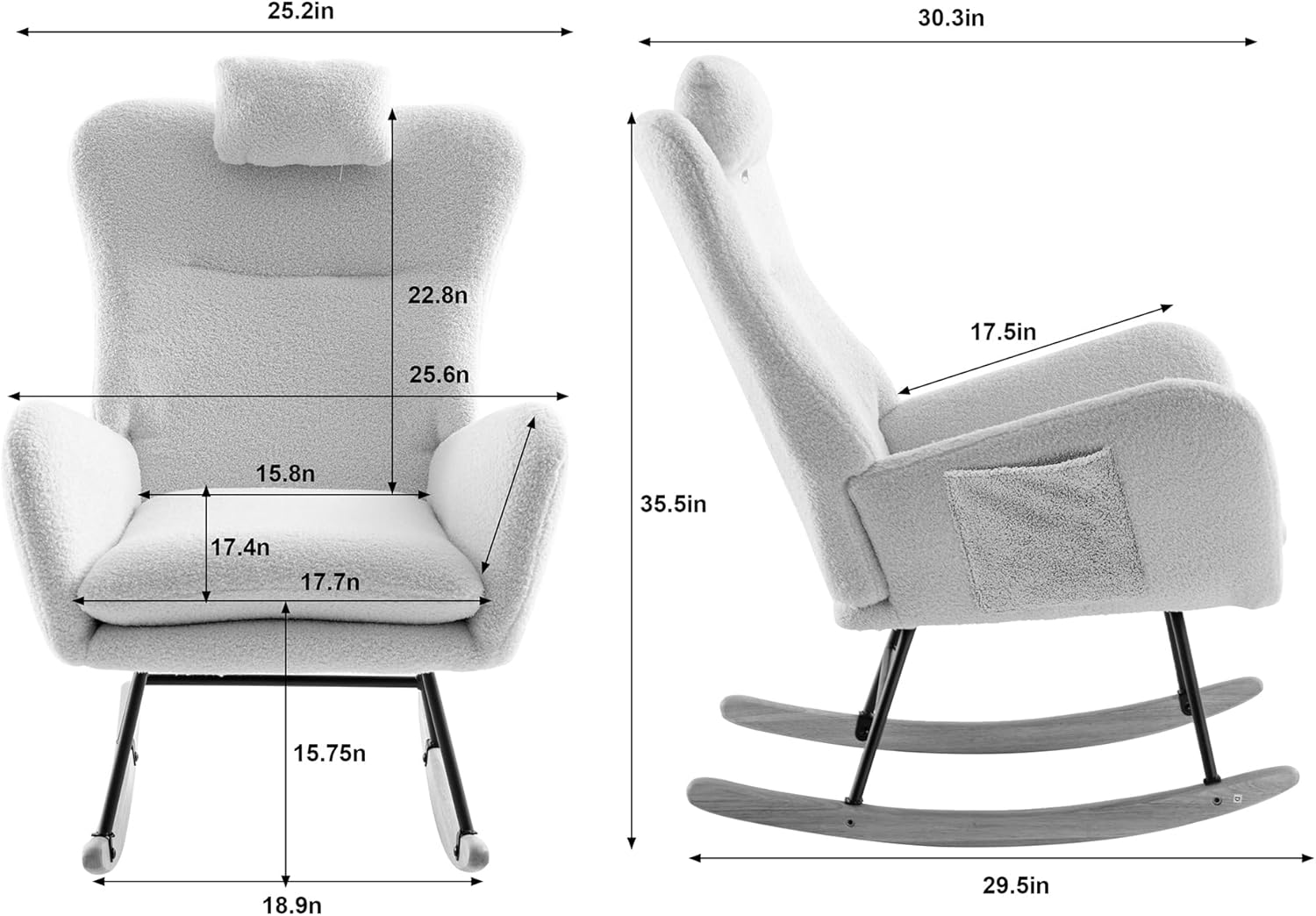 35.5 inch Rocking Chair with Pocket, Soft Teddy Fabric Rocking Nursery Chair, Comfy Wingback Glider Rocker with Safe Solid Wood Base for Living Room