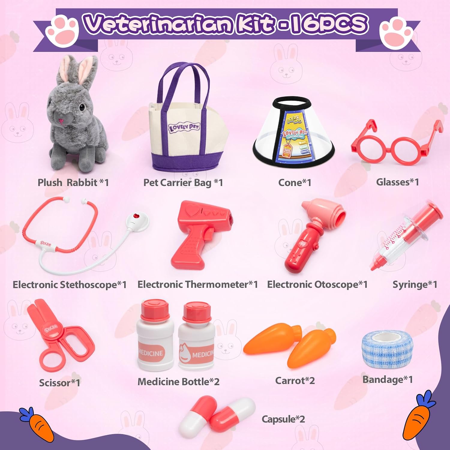 KidEwan – Kit veterinario de 16 piezas para niños, conejo de peluche con bolsa de transporte para mascotas, juego de cuidado de mascotas, kit médico