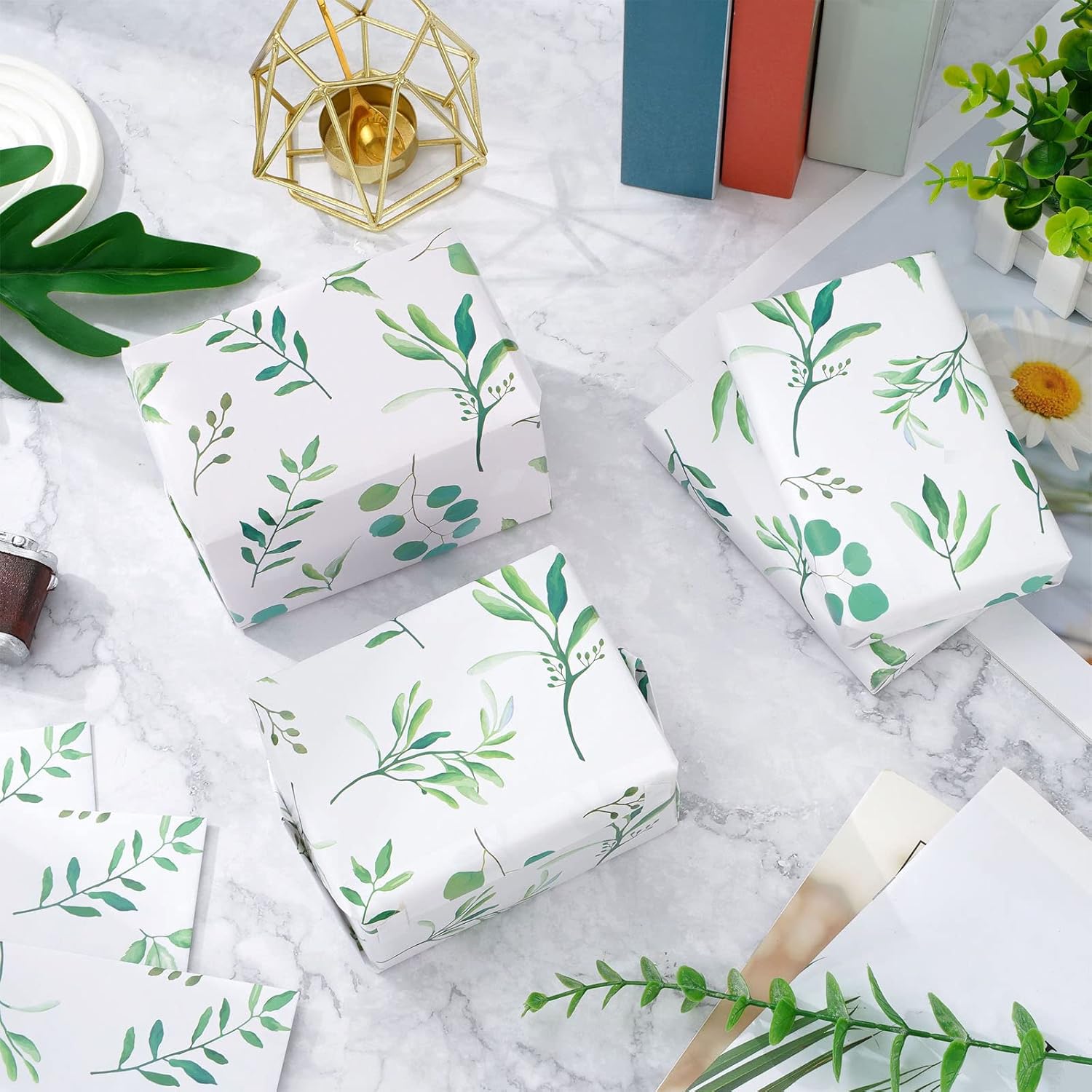 Whaline Papel de regalo de hojas verdes de acuarela, papel de regalo de hojas verdes a granel, papel de arte plegado plano para safari en la selva,