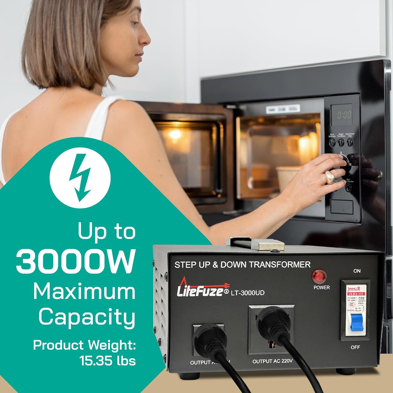 LiteFuze Transformador de voltaje de 3000 vatios elevador hacia arribaabajo – Convertidor de potencia de 110 V a 220 V220 V a 110 V – Cable