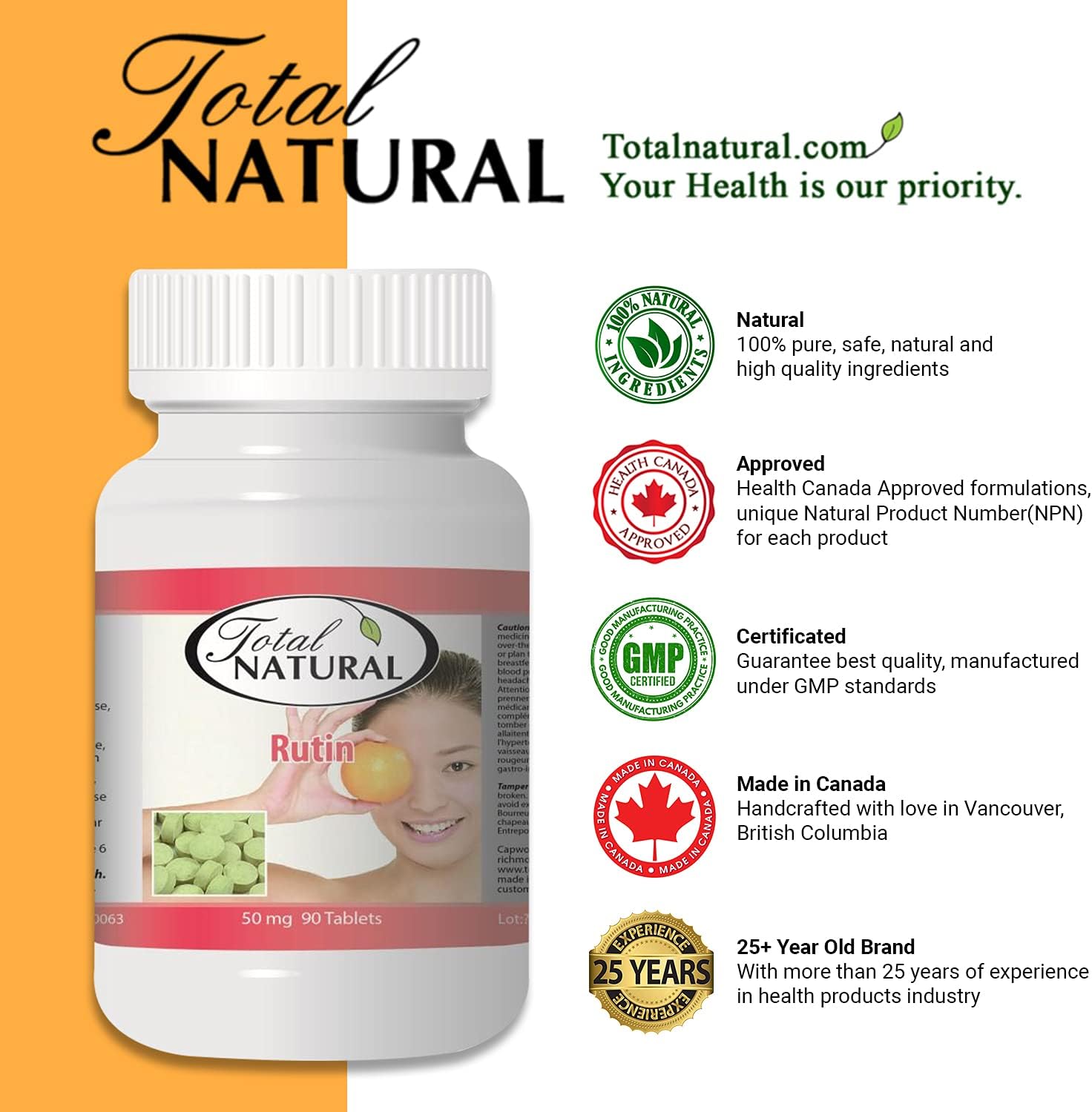 Total Natural Rutin 50mg 90 comprimidos 1 botella, ayuda a absorber y utilizar la vitamina C, mejora la salud vascular, cuidado de la vista