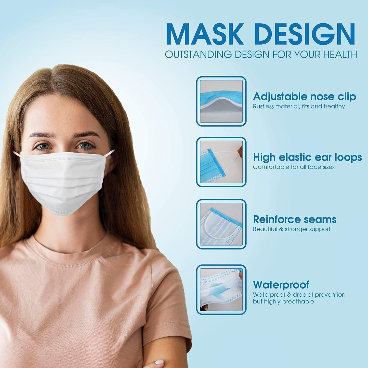 100 máscaras faciales desechables blancas para adultos, tela suave real de 3 capas (2 capas no tejidas, 1 capa fundida soplada), antipolvo, a prueba