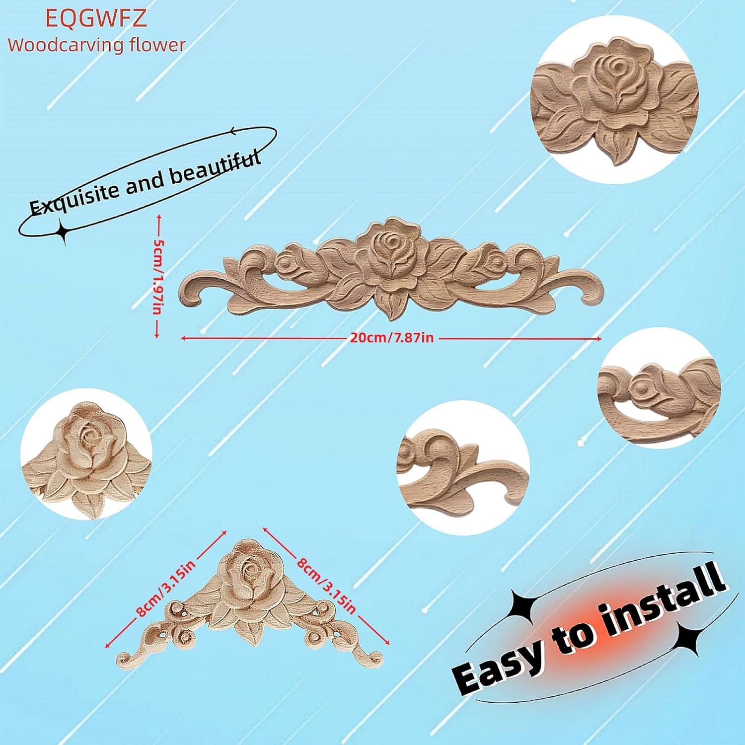 5 piezas de apliques de madera sin pintar Onlays para puerta de cama, armario, muebles, decoración tallada en madera, apliques de madera de color