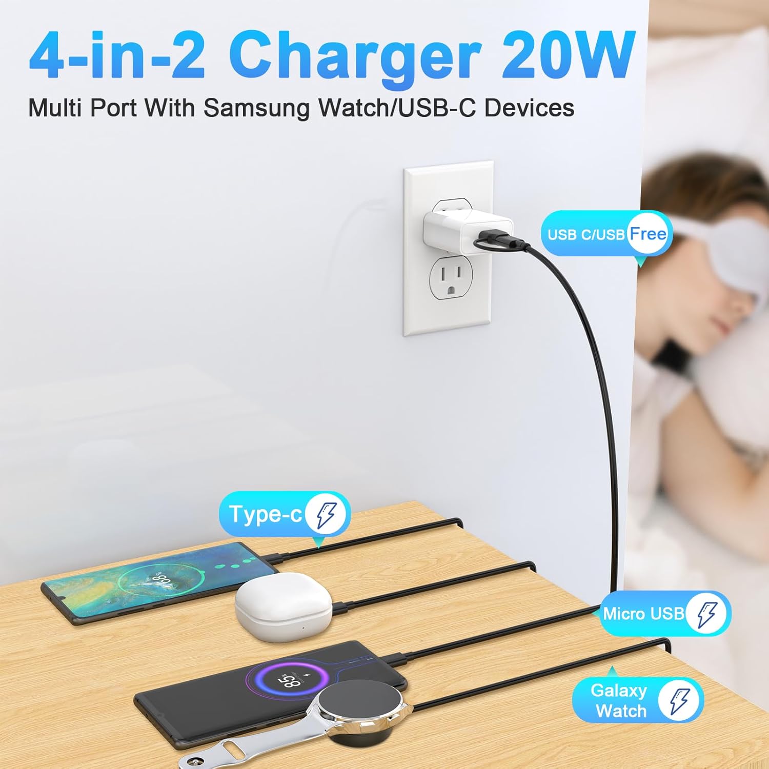 Cable cargador 4 en 2 para Samsung Galaxy Watchteléfono, base de carga inalámbrica Samsung para Samsung Galaxy Watch 543 con USB-C, micro USB y