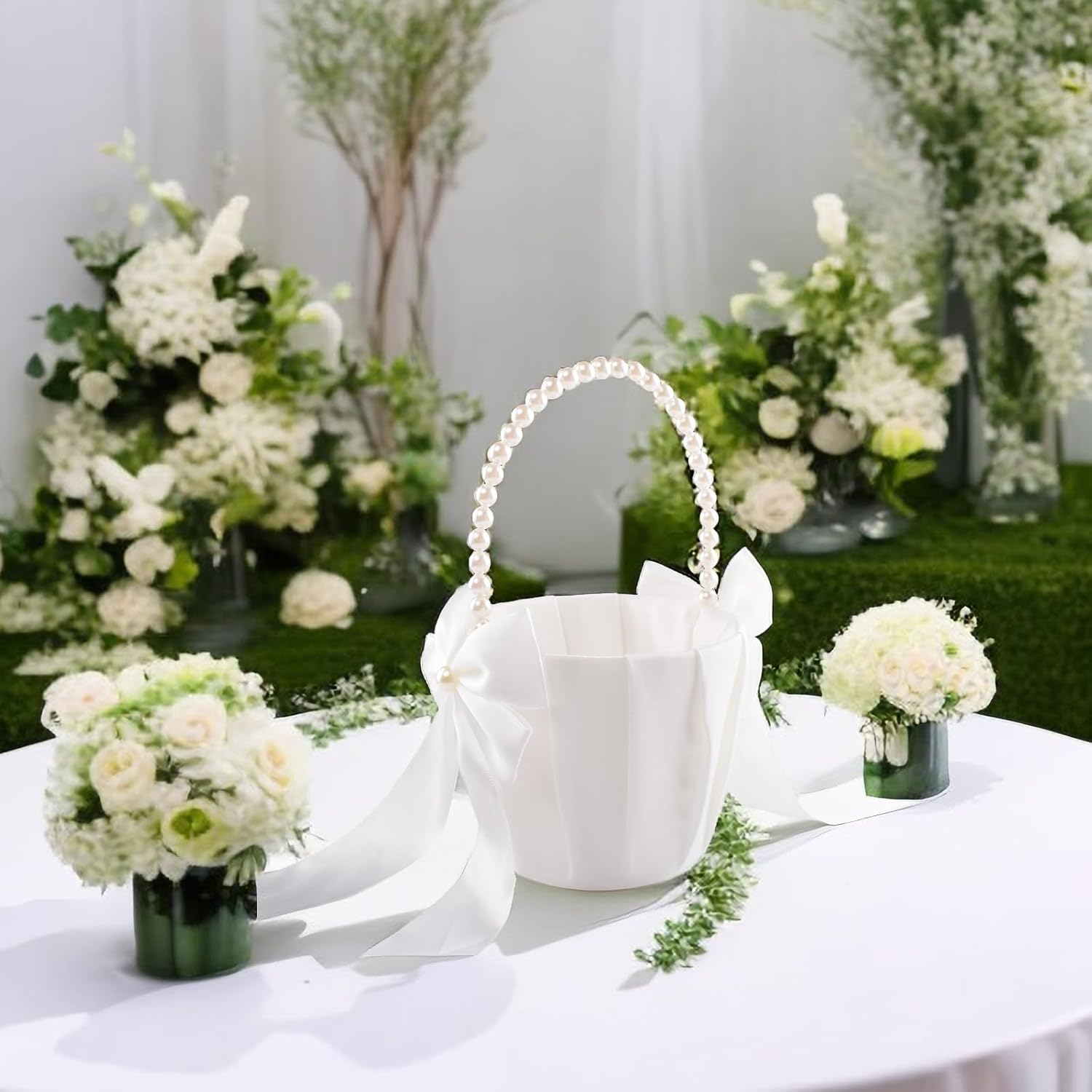 Cesta de niña de las flores para boda con mango de perlas (marfil – lazo)
