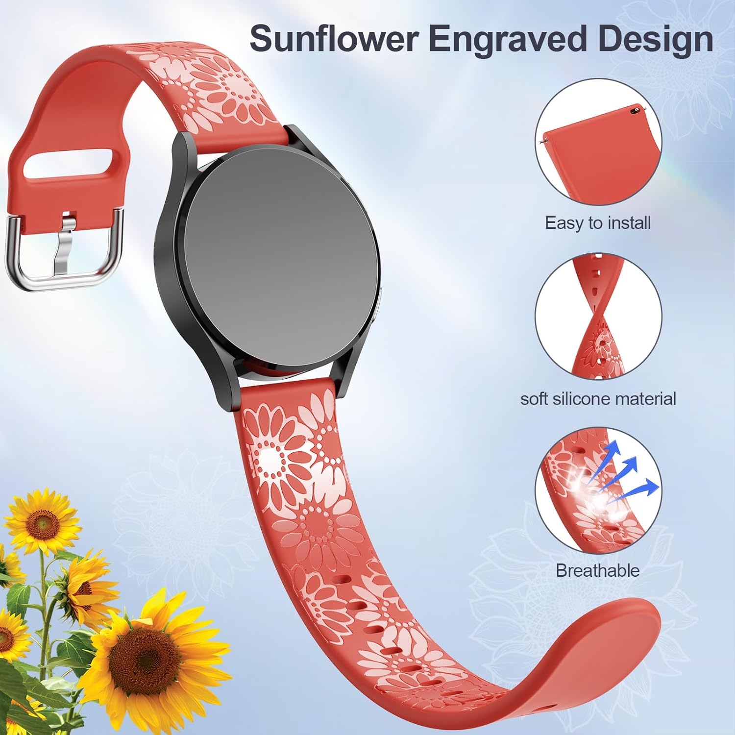 Correa grabada de girasol compatible con Samsung Galaxy Watch 6 5 4 1.575 in 1.732 in5 Pro 1.772 inWatch 6 4 Classic 1.693 in 1.850 in 1.654 in