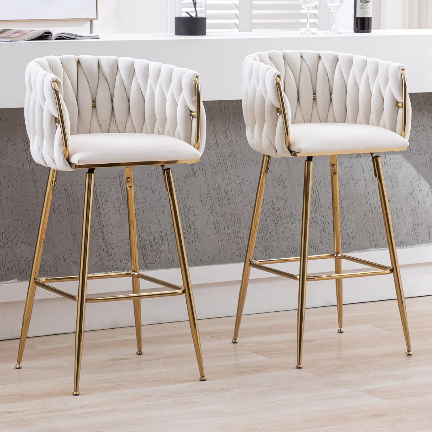 LukeAlon Juego de 2 taburetes modernos de terciopelo para mostrador, giratorios de 360 de 26 pulgadas de altura de asiento bajos con patas doradas,