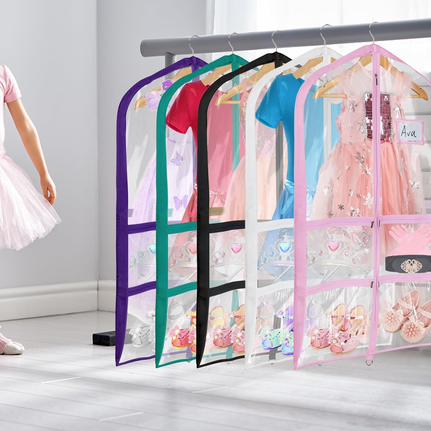 Univivi Bolsas para disfraces de baile de PVC negro transparente de 40 pulgadas para competiciones de baile, con 4 bolsillos medianos transparentes