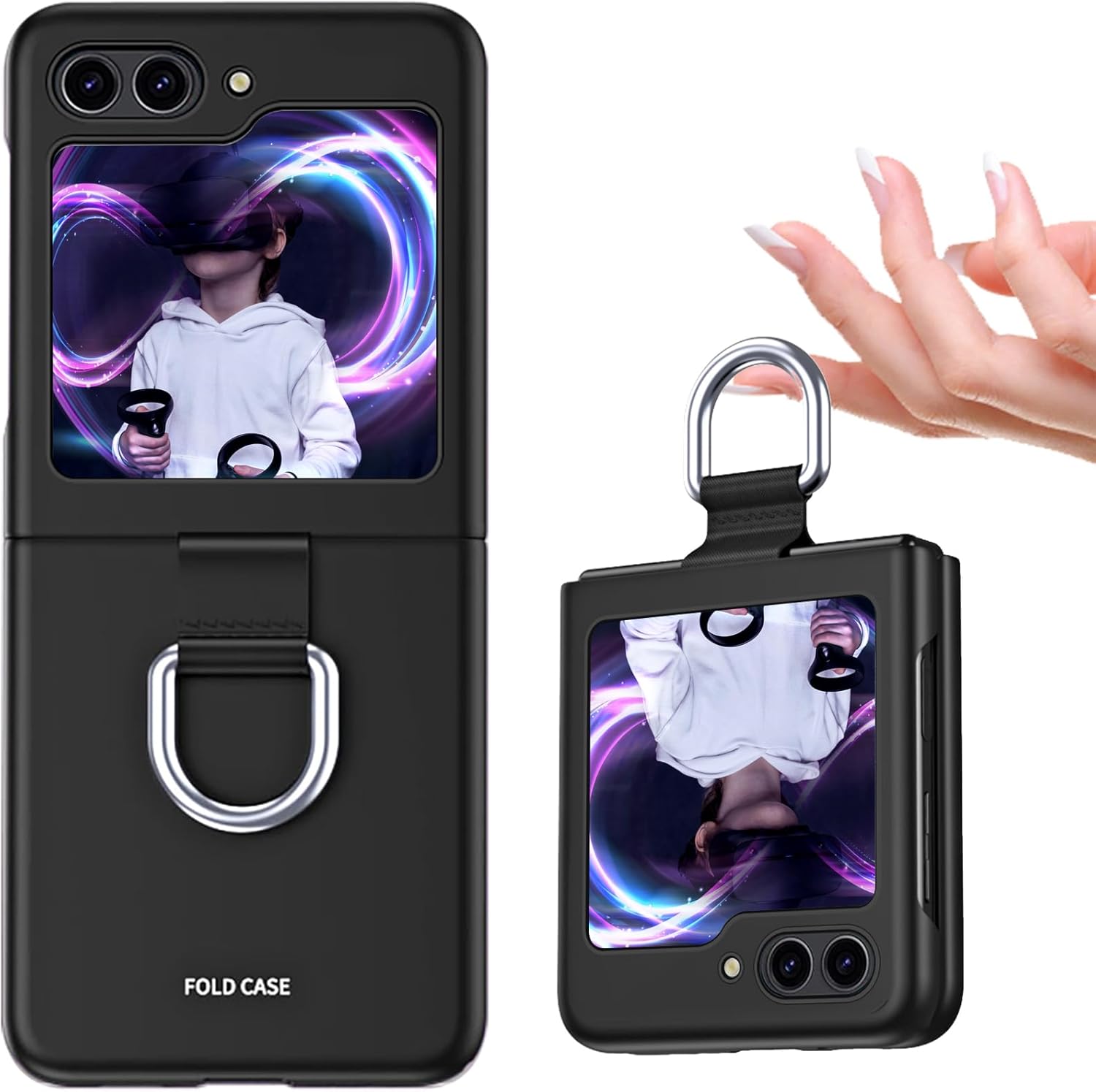Funda compatible con Samsung Galaxy Z Flip 5 5G con anillo, a prueba de golpes, funda protectora para Samsung Galaxy Z Flip5 5G QHZH, color negro