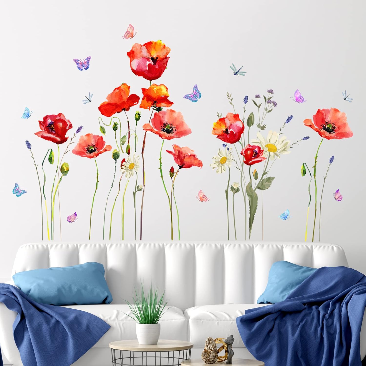 Calcomanías de pared de flores de amapola roja, margaritas florales y mariposas, calcomanías de pared para bricolaje, hojas verdes, plantas y