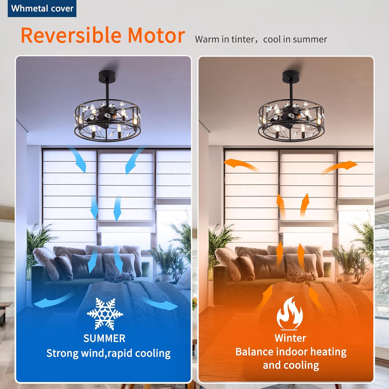 Ventilador de techo enjaulado de 20 pulgadas con luces y control remoto, ventilador de techo de perfil bajo de cristal negro con 3 cuchillas