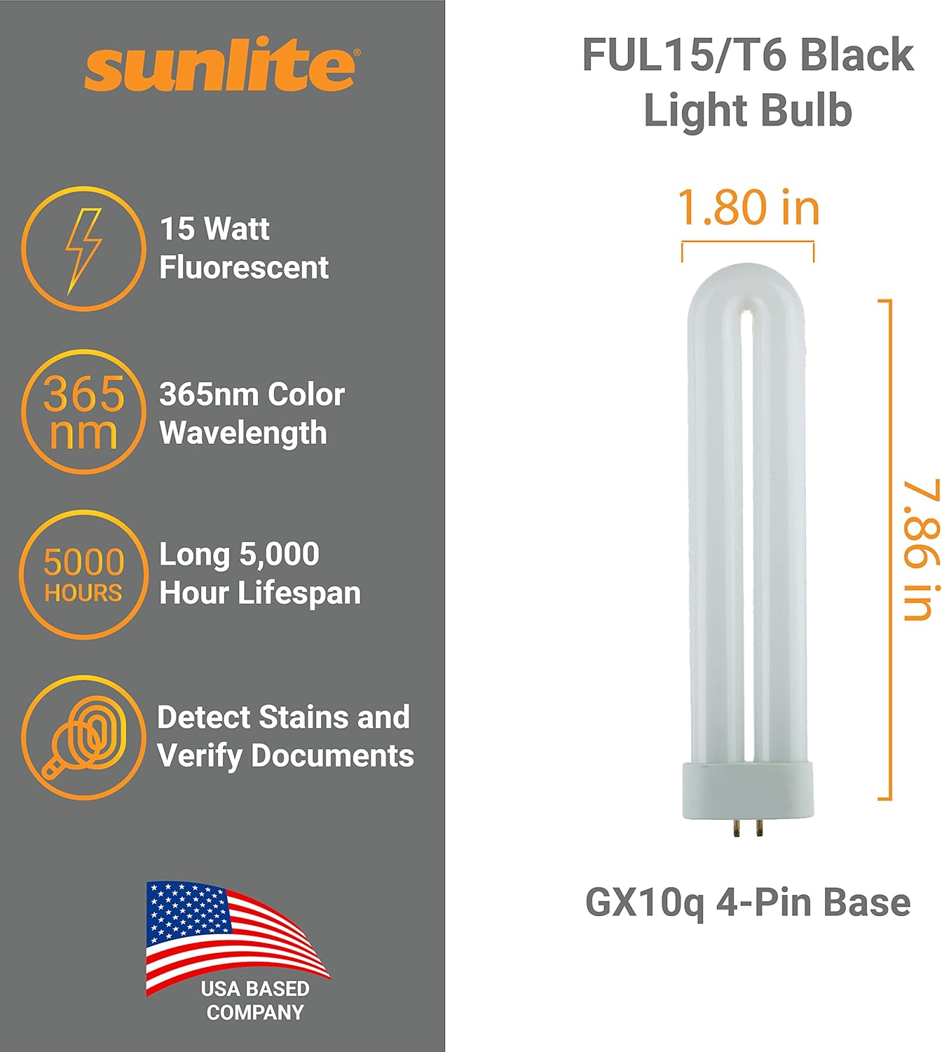 Sunlite 40484-SU T6 Bombilla fluorescente en forma de U, 15 vatios, luz UV, longitud de onda de color de 365 nm, base GX10q de 4 pines, enchufable,