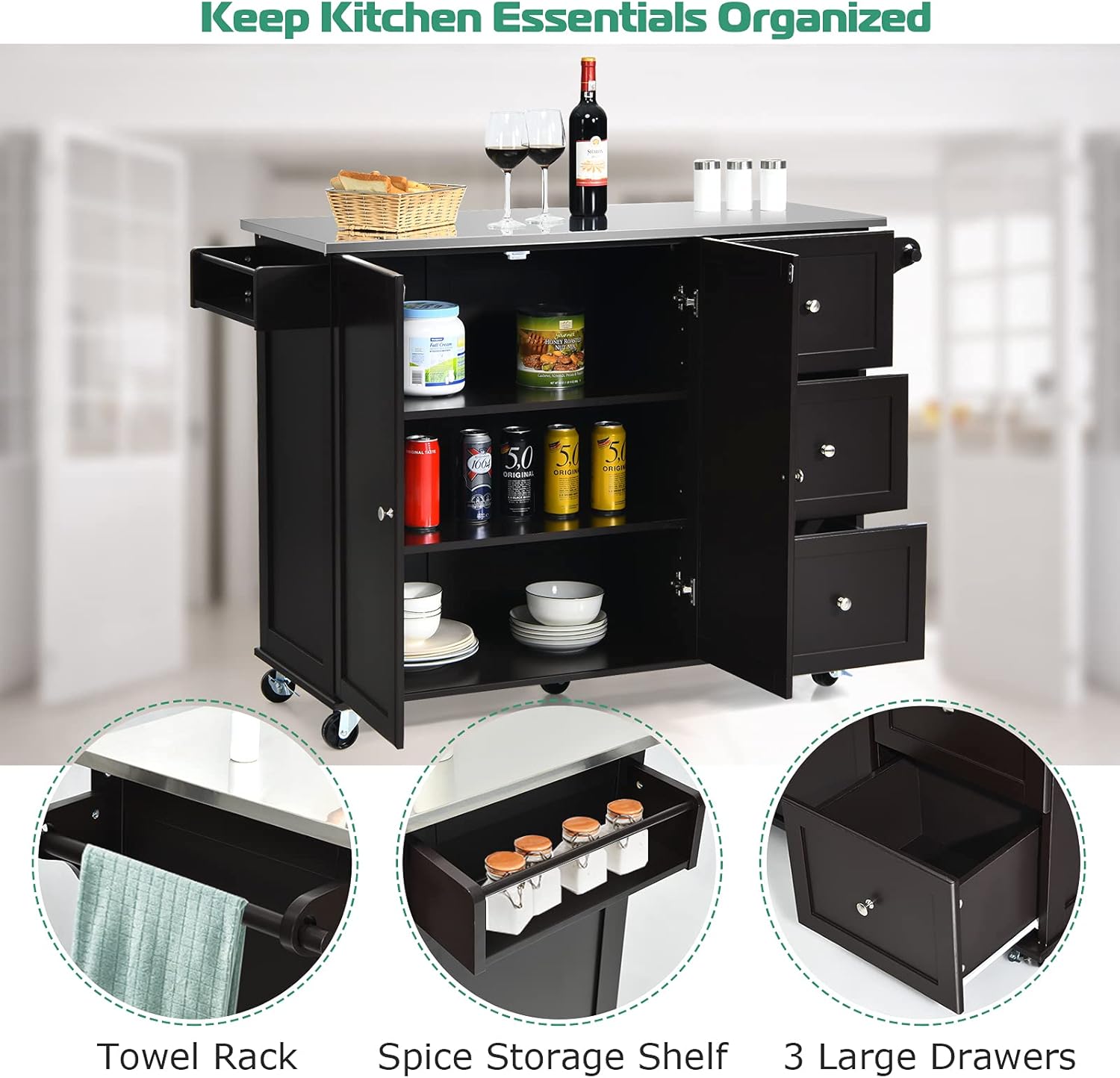 Giantex Isla de cocina con encimera de acero inoxidable, carrito de cocina con soporte para toallas y estante para especias, 3 cajones, estantes