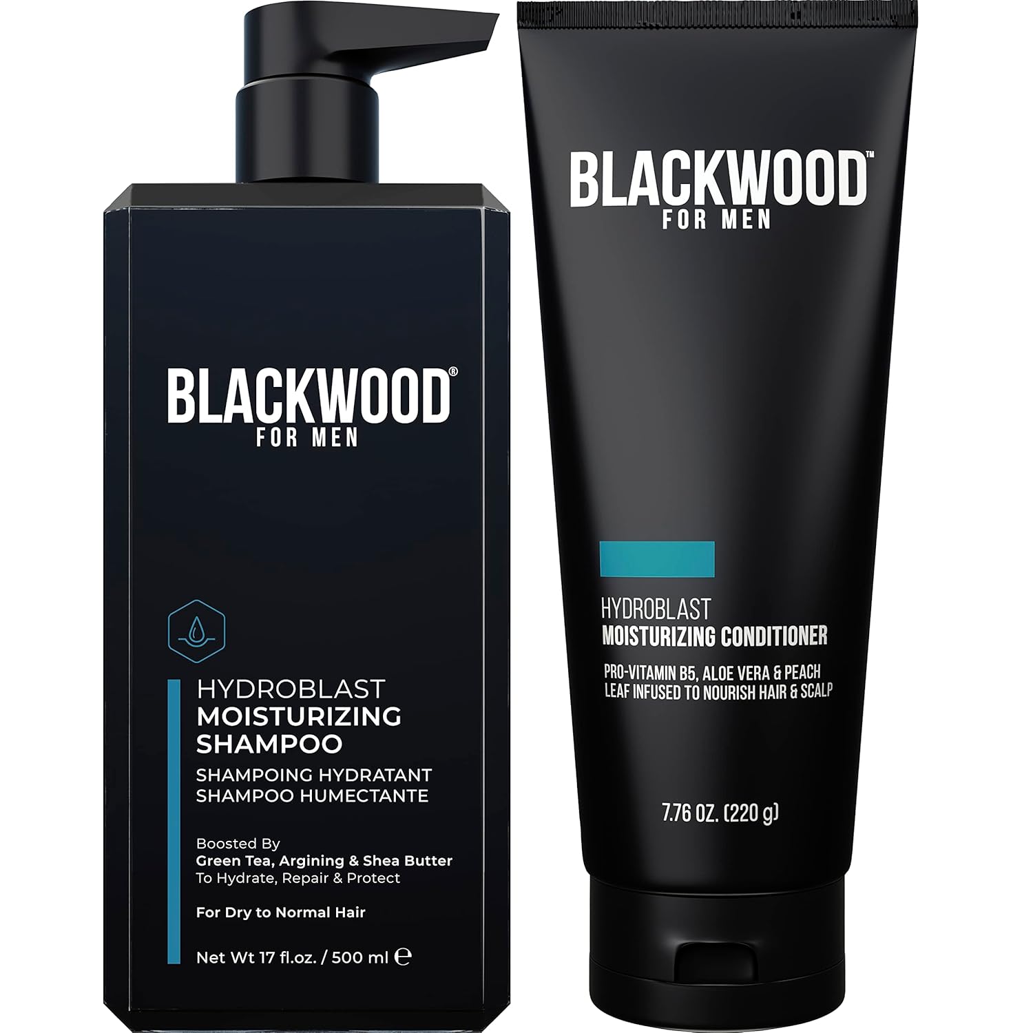 BLACKWOOD FOR MEN Hydroblast – Champú hidratante (17 onzas) y acondicionador (7.76 onzas), vegano y natural para cabello rizado y grueso, sin