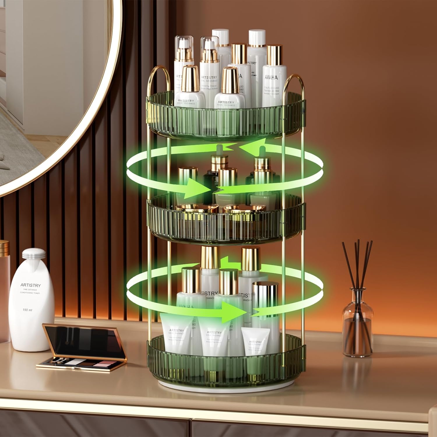 YCIA&DONE Organizador de maquillaje giratorio 360 y almacenamiento para encimera de tocador, 3 niveles, organizador de perfumes cosméticos de alta