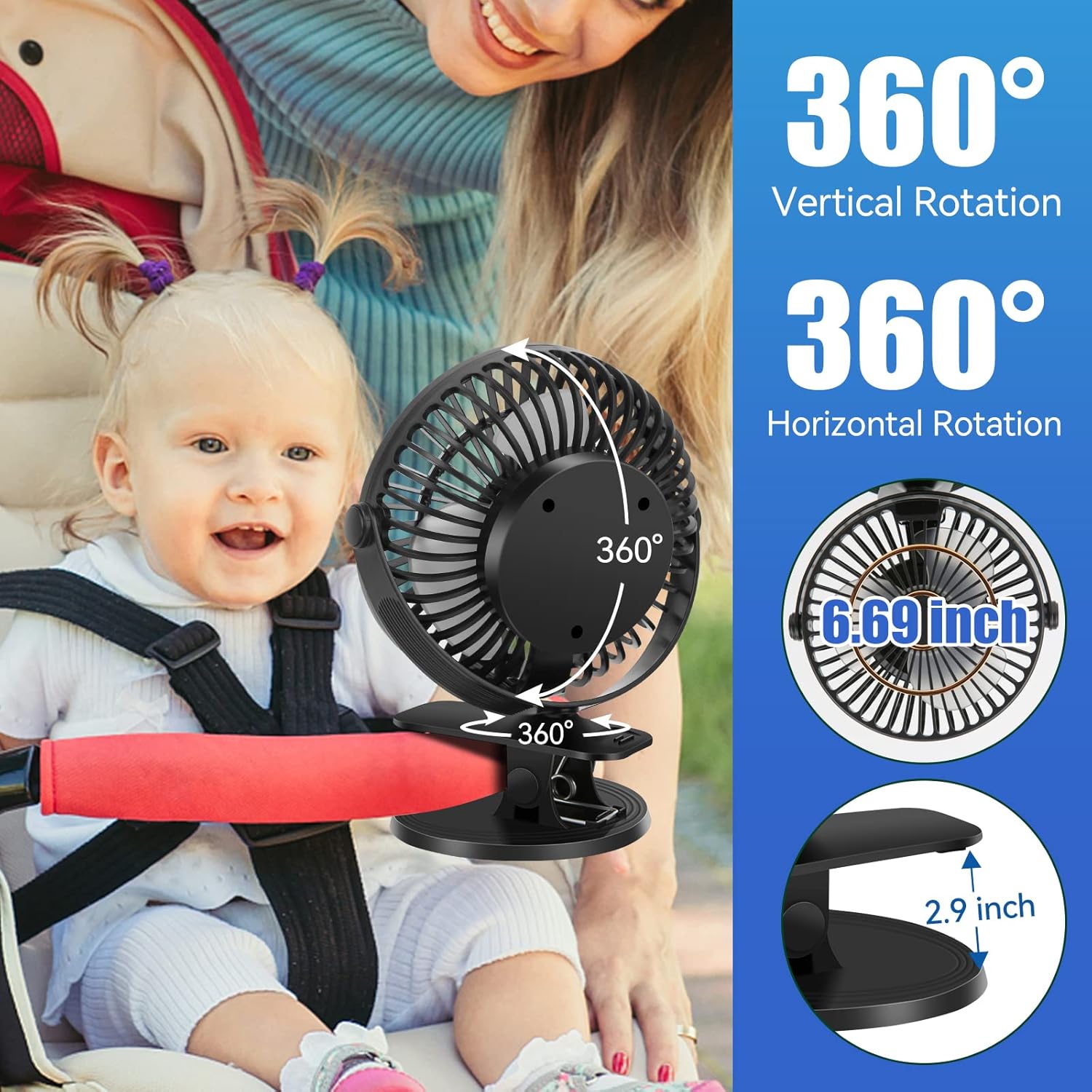 PEKPAK Ventilador de clip, ClipEscritorioColgado Mini ventilador recargable 3 en 1 6 pulgadas5200 mAh Ventilador de escritorio pequeño con ganchos