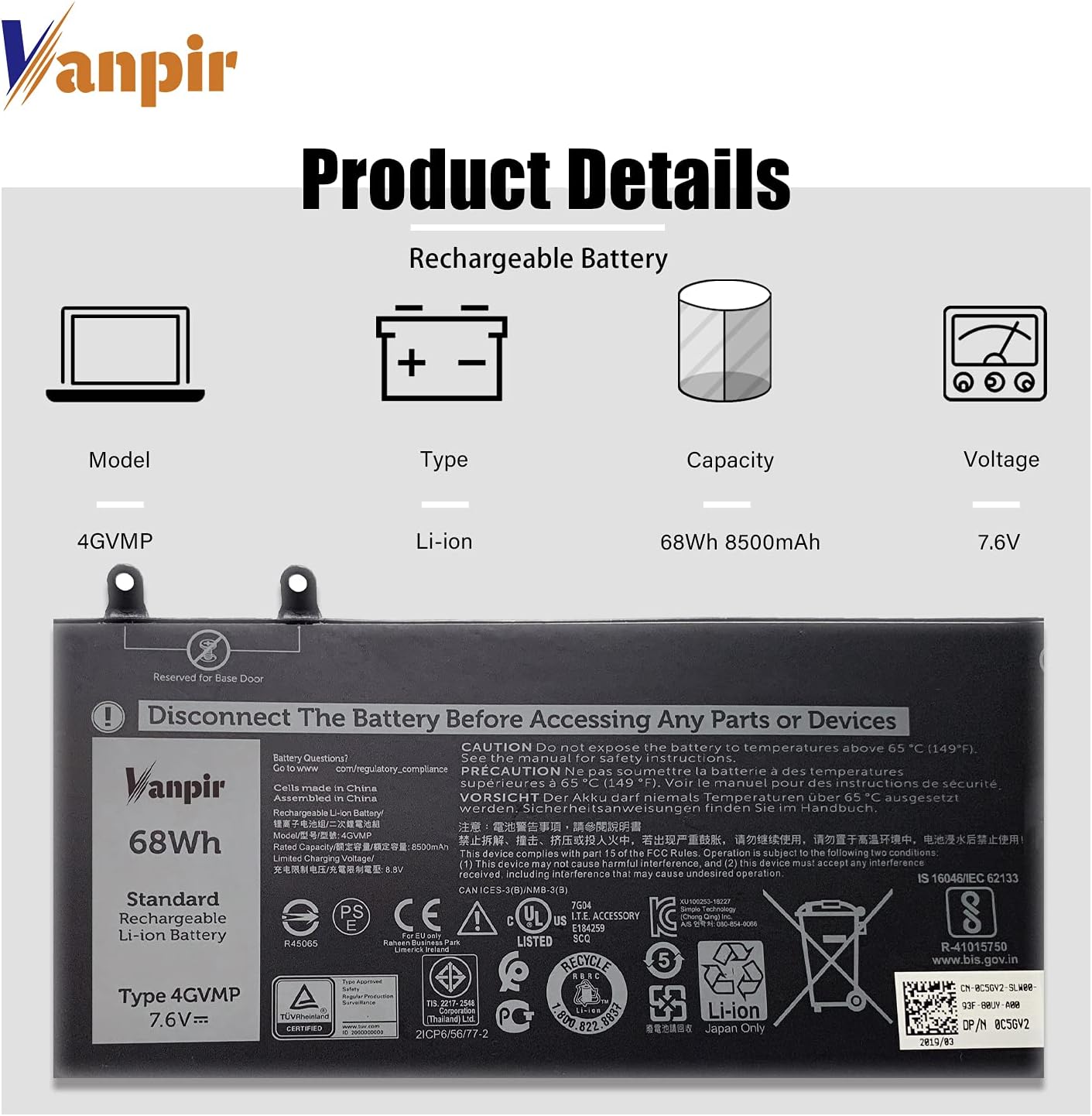 Batería para portátil 4GVMP, 7.6 V 68 Wh, compatible con Dell Latitude 5400 5500 Precision 3540 3550 Inspiron 7590 7591 7791 2 en 1 Series Notebook