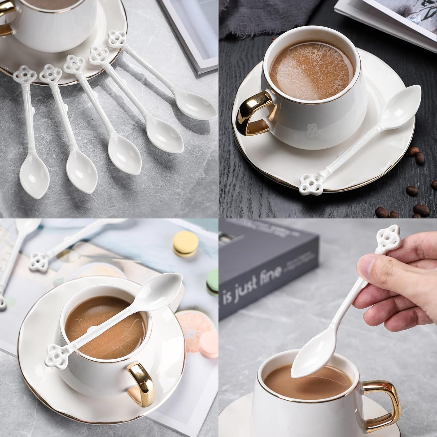 Juego de 12 cucharas de café de cerámica con mango largo, cucharas de café Demitasse de porcelana, cucharas de café pequeñas de porcelana (blanco)