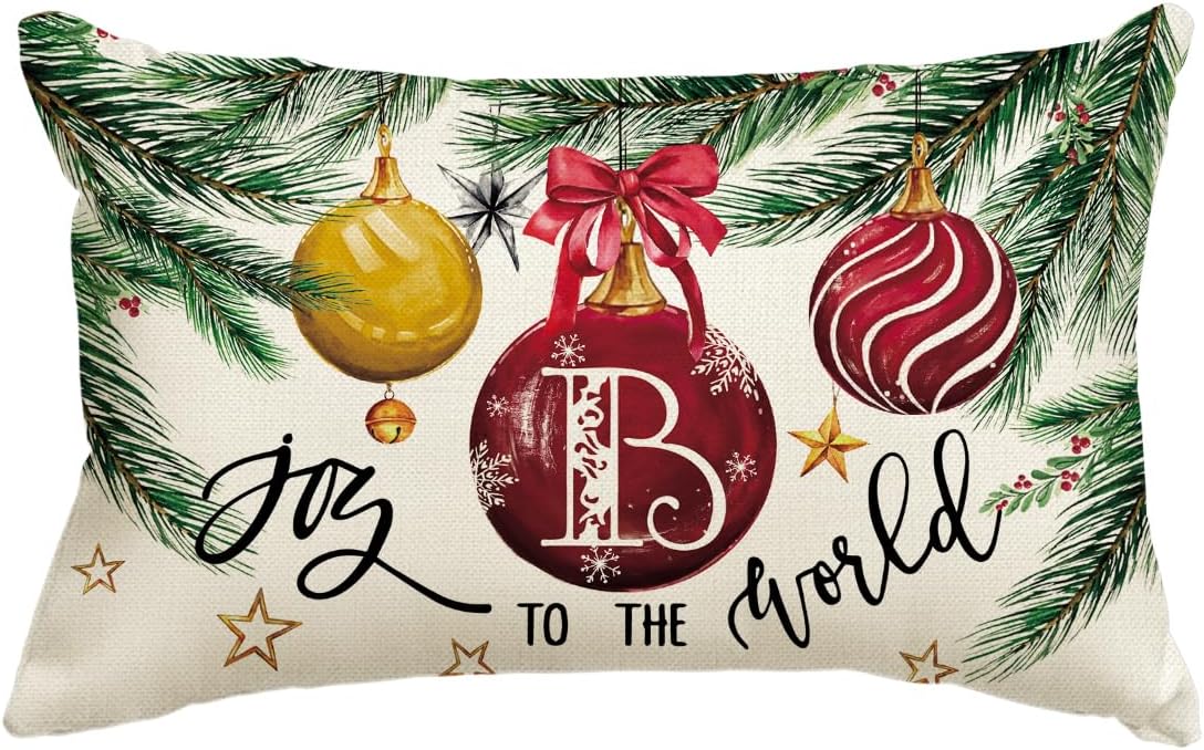 AVOIN colorlife Funda de almohada con monograma de Navidad, letra B, 12 x 20 pulgadas, diseño de letras de apellido Joy to The World, decoración con