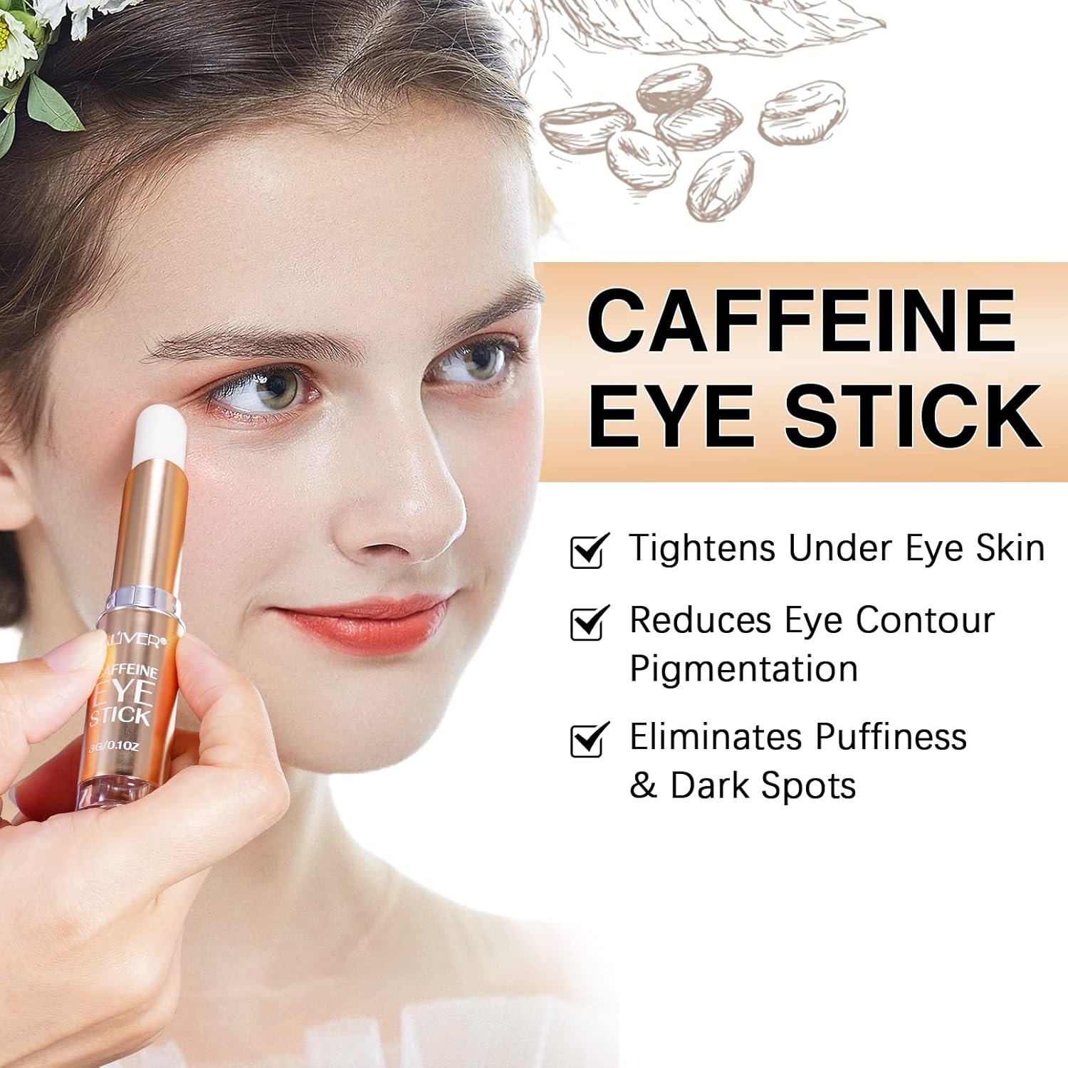 Barra de ojos con cafeína, reduce la hinchazón de los ojos y las ojeras, difumina las líneas finas, incluye cafeína, ácido hialurónico, vitamina C,