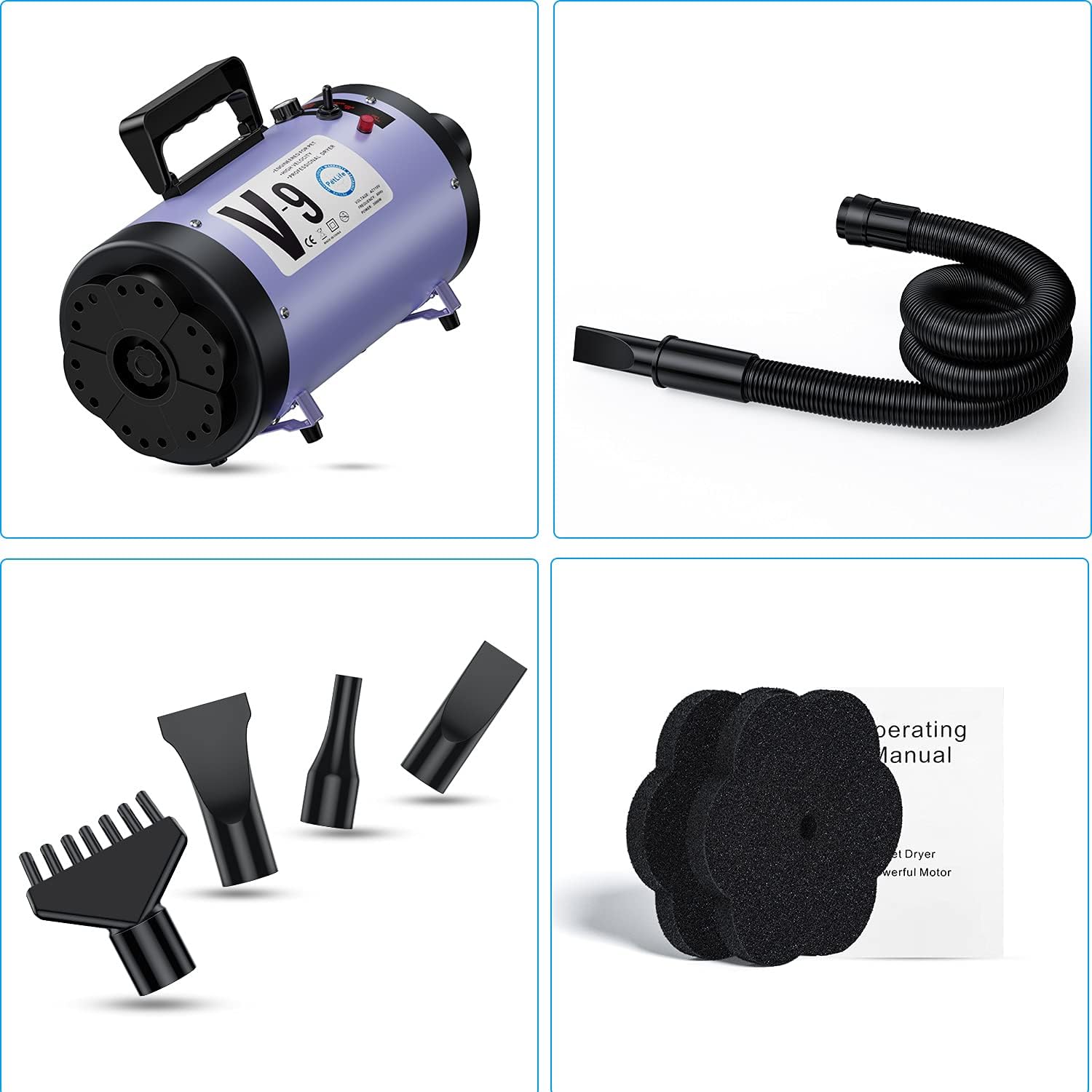 Secador profesional de 4.3 HP, soplador de pelo de perro ajustable de velocidad variable, secadora de aseo para perros con calentador de bajo ruido