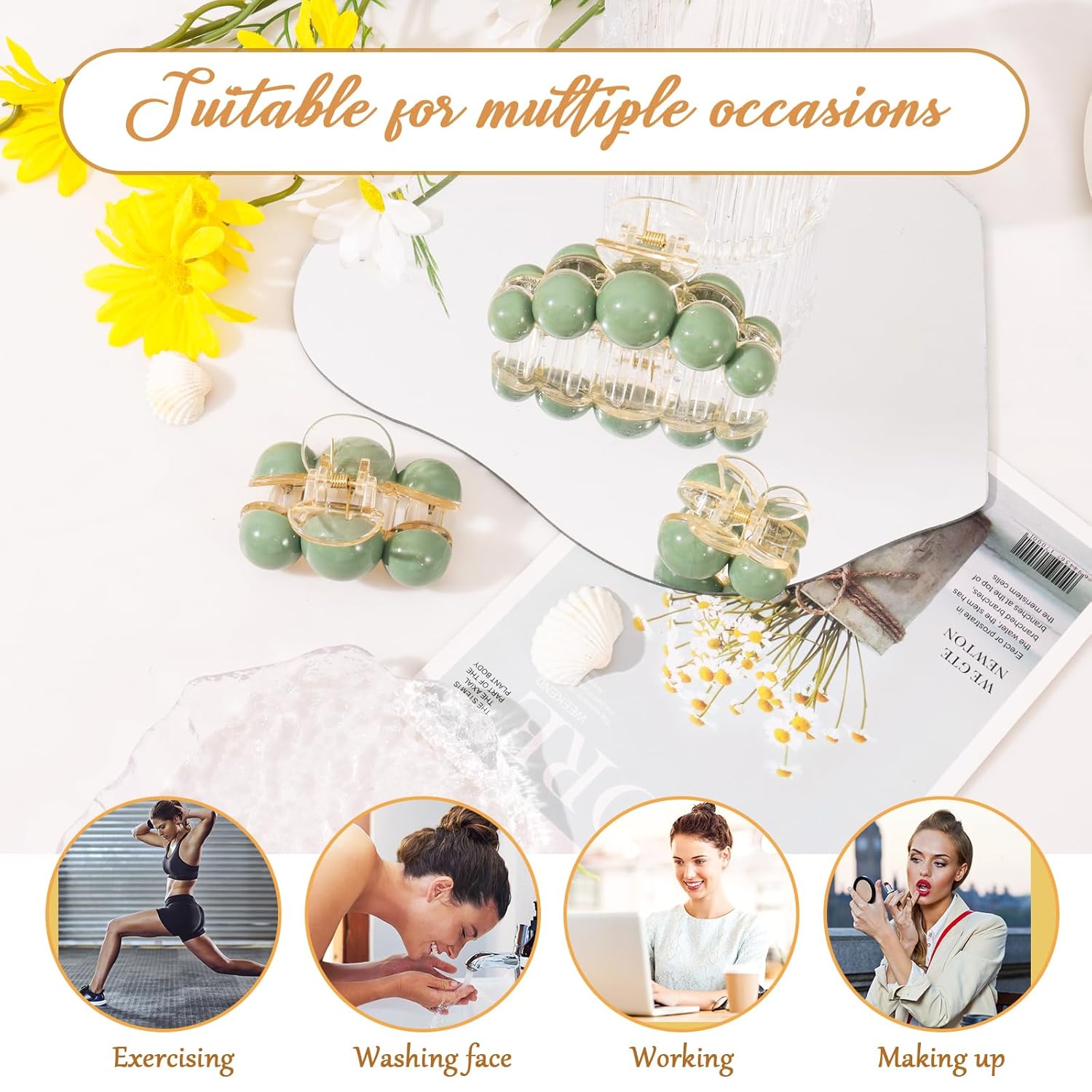 3 pinzas para el cabello con perlas verdes, pinzas de resina acrílica, lindas pinzas para el cabello medianas y pequeñas, pinzas antideslizantes