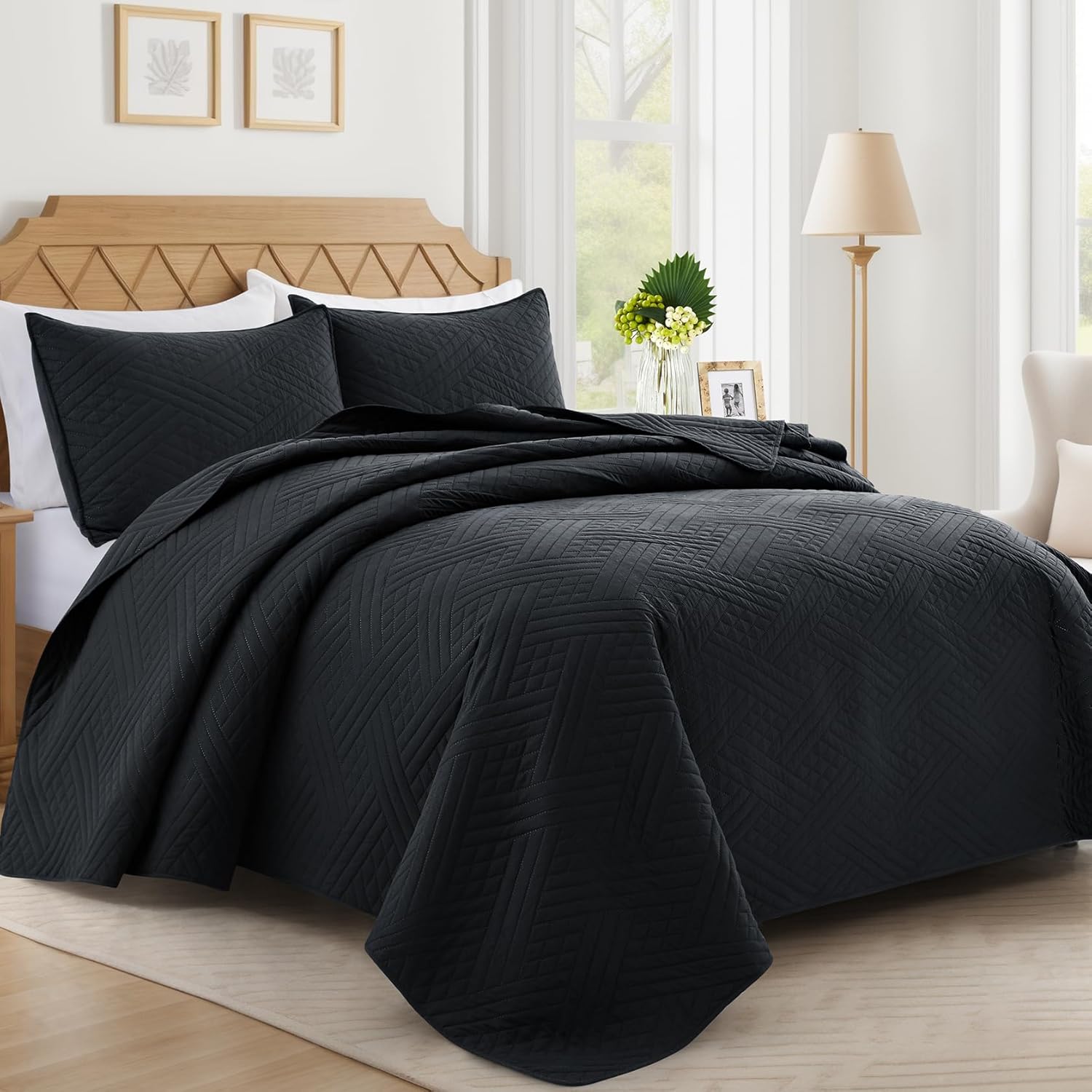 Lavsiry Edredón negro Queen con patrón de rayas, juego de ropa de cama delgado ligero de verano, colcha y colcha de microfibra suave para todas las