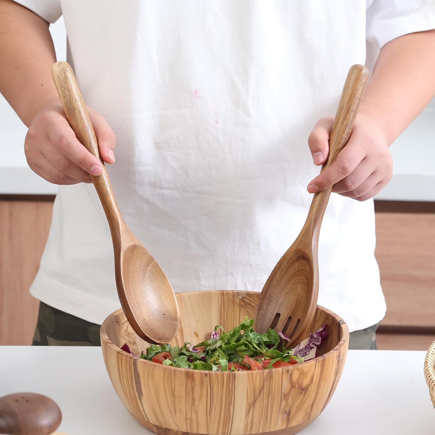 Cucharas de madera para cocinar, cucharas de madera cómodas de mango grueso de 12 pulgadas, utensilios de cocina de madera para agitar, raspar,