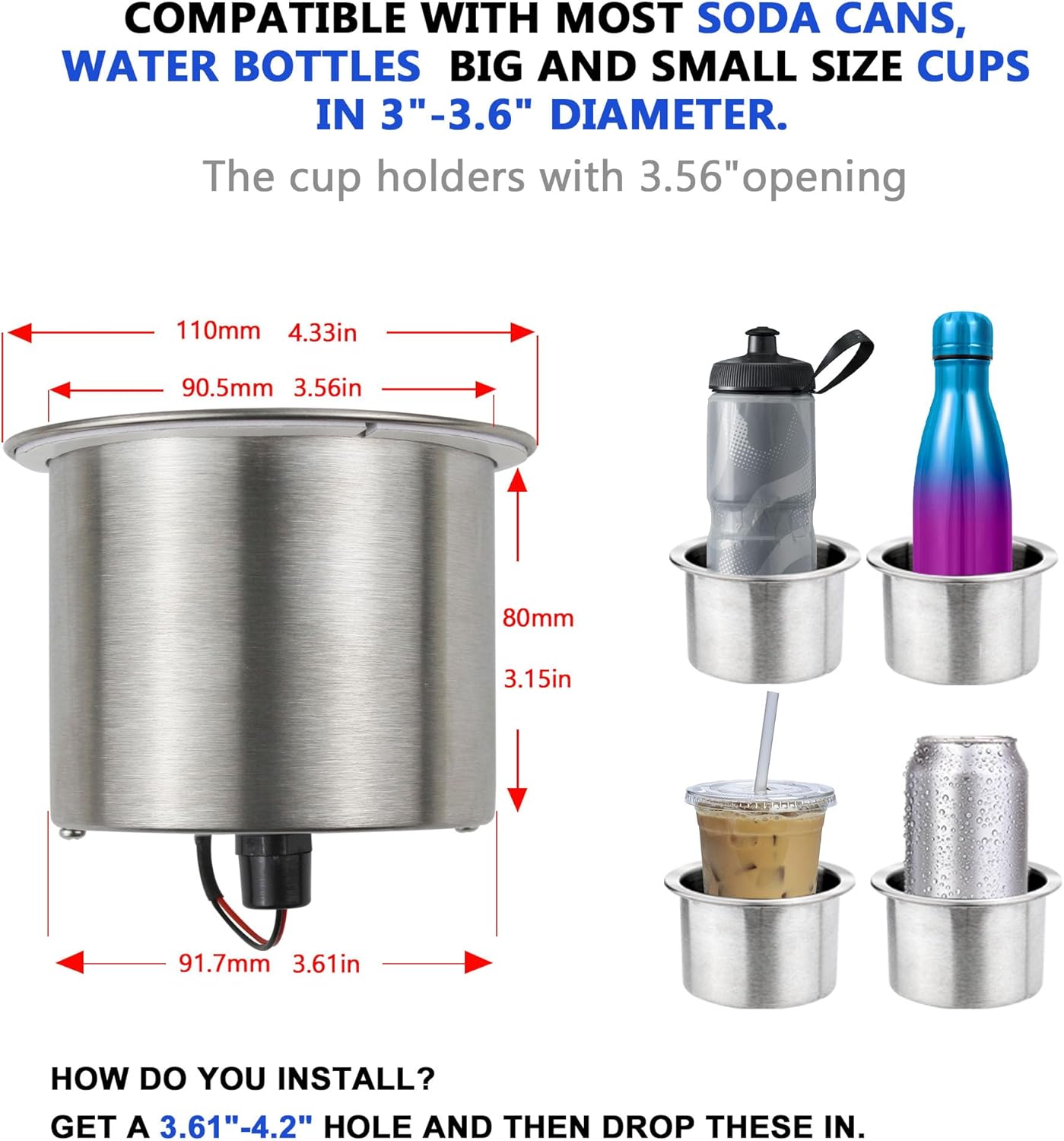 EASYEAH Soporte LED azul para bebidas  Paquete de 4  Soporte de vaso de acero inoxidable pulido con drenaje para yates marinos, cámper, camiones,