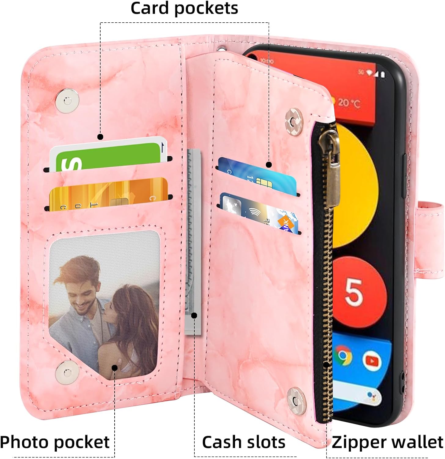 Asuwish Funda de teléfono para Google Pixel 5 Wallet Cell Cover con protector de pantalla de vidrio templado y soporte de tarjeta de crédito con