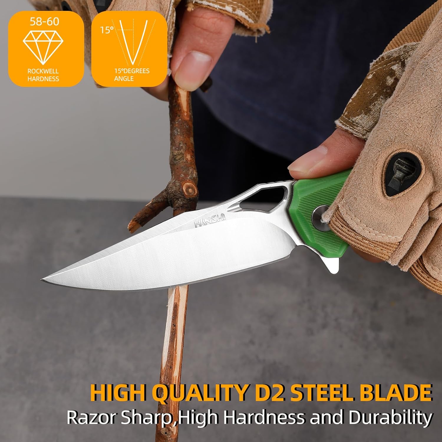 HANSHI Cuchillo de bolsillo plegable y afilado de hoja de acero D2 G10 de alta calidad con clip para hombres, cuchillo táctico de afeitar para