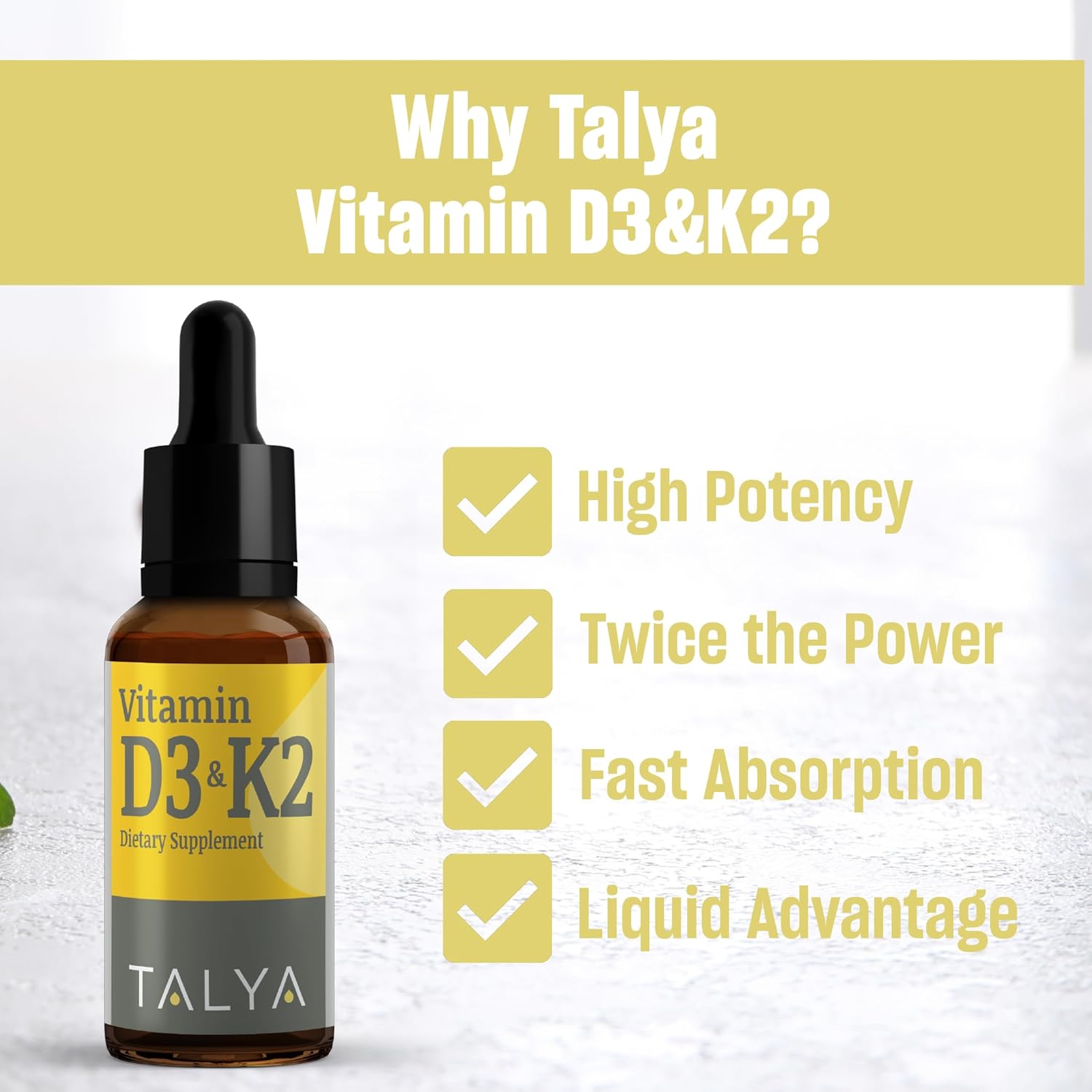 TALYA Suplemento dietético de vitamina D3 y K2 0.34 fl. oz  Apoya la salud inmunológica, ósea, dientes y musculares  Apoya la salud de la función
