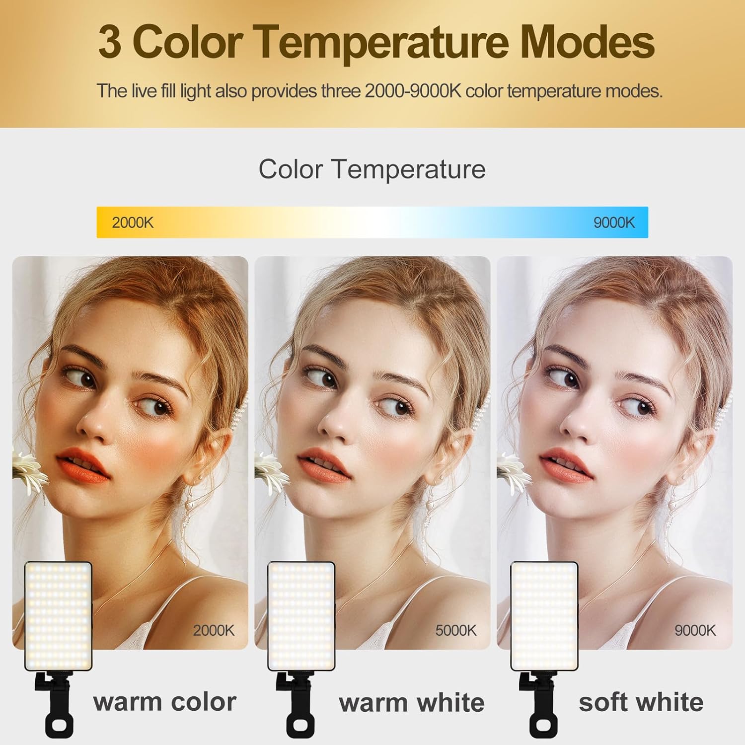 120 luces LED para selfie, 3000 mAh recargable luz LED portátil, luz de relleno en vivo para teléfonoportátilcámara con 3 temperaturas de color,