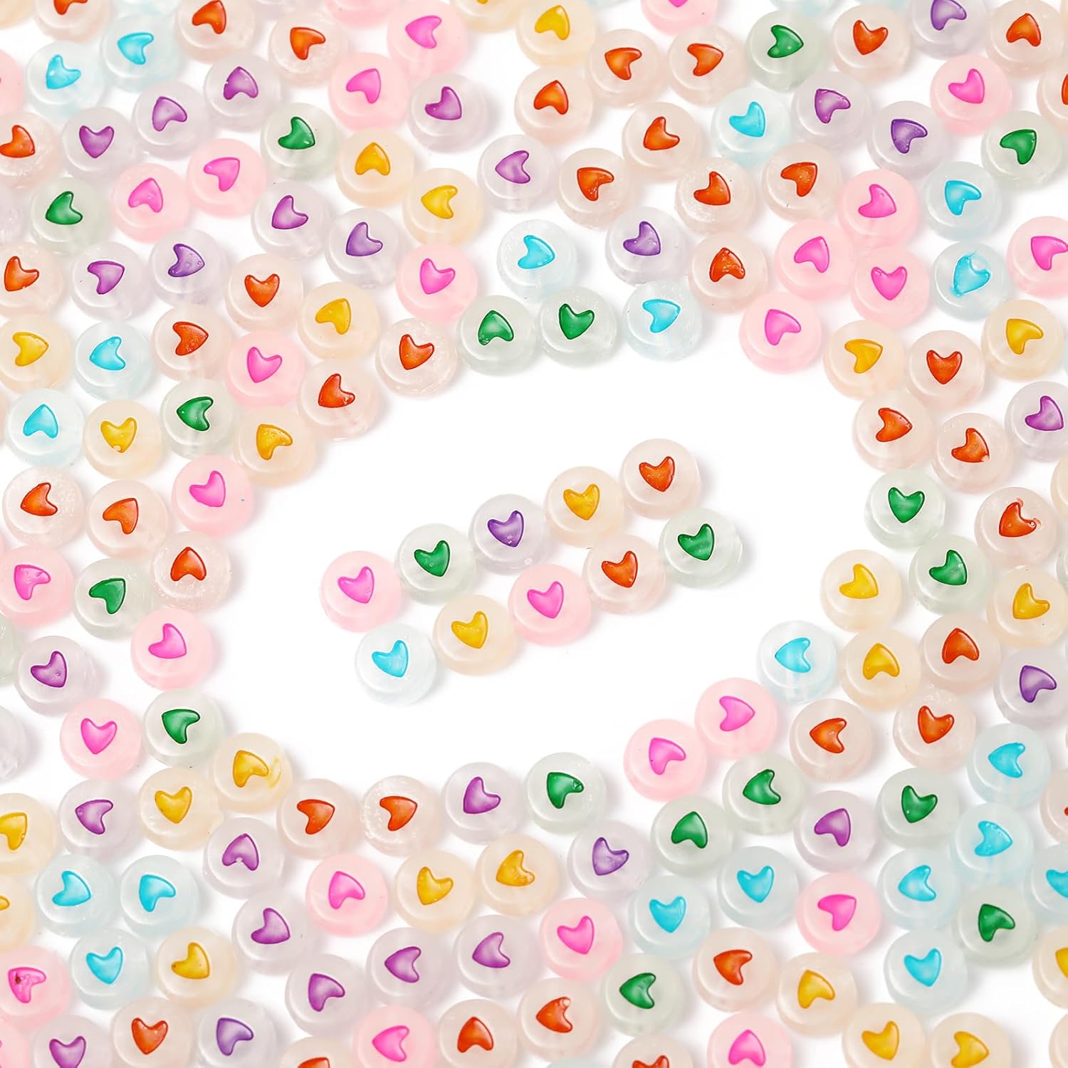 500 cuentas acrílicas luminosas de 0.276 in que brillan en la oscuridad, para hacer pulseras, collares, joyas (corazón colorido)
